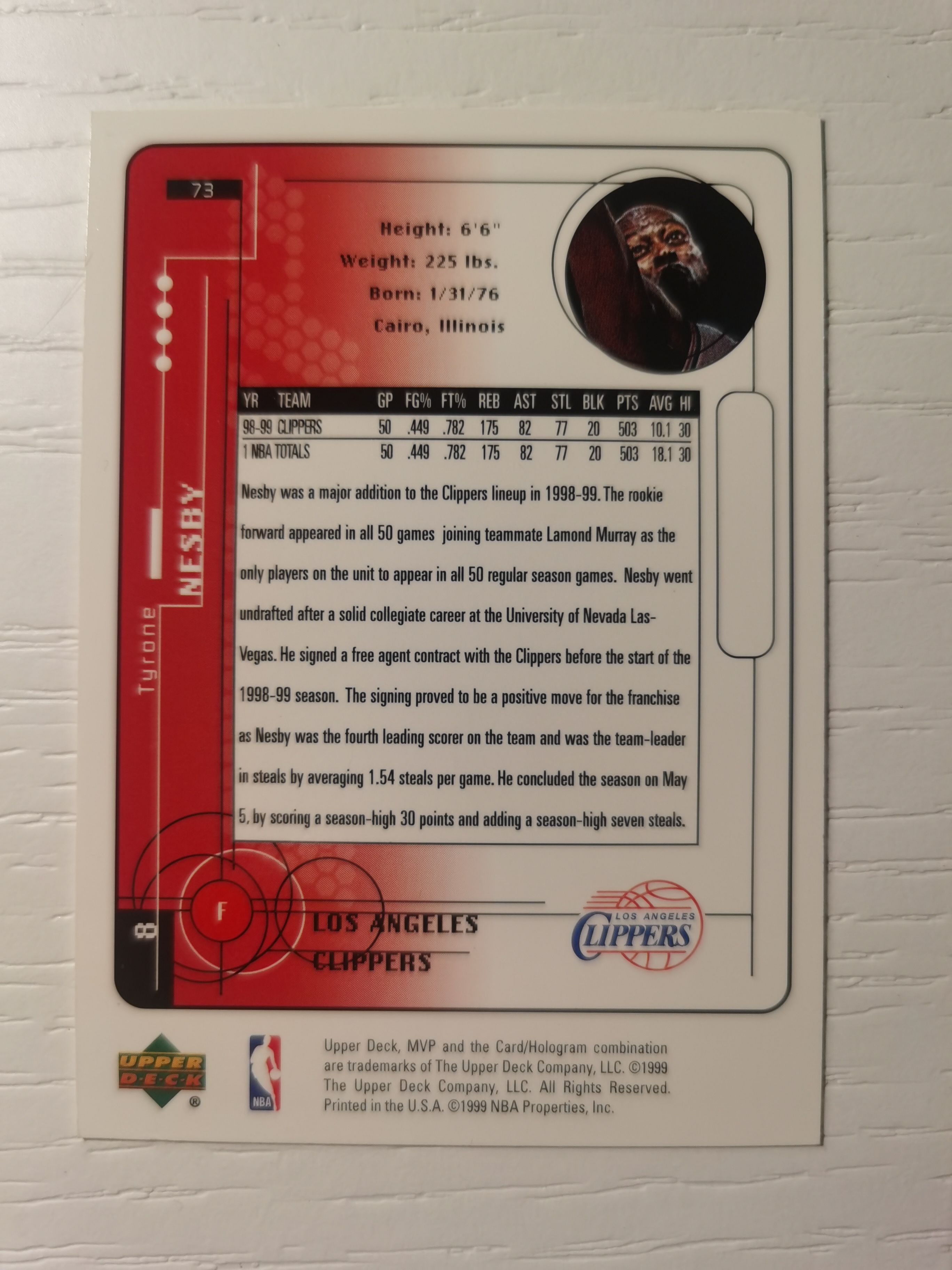 1999-00 Upper Deck MVP Tyrone Nesby 1999-00 特伊隆-内斯比 UD mvp系列 银标 快船 硬通货 极具收藏价值