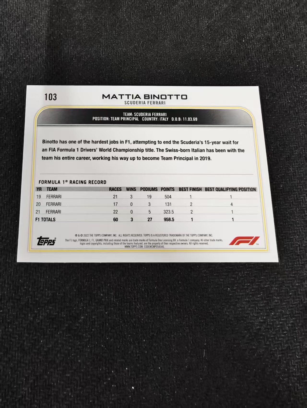 2022 Topps Chrome F1 Mattia Binotto 法拉利领队 马蒂亚 比诺托 黑白棋盘 划痕 边角瑕疵@103