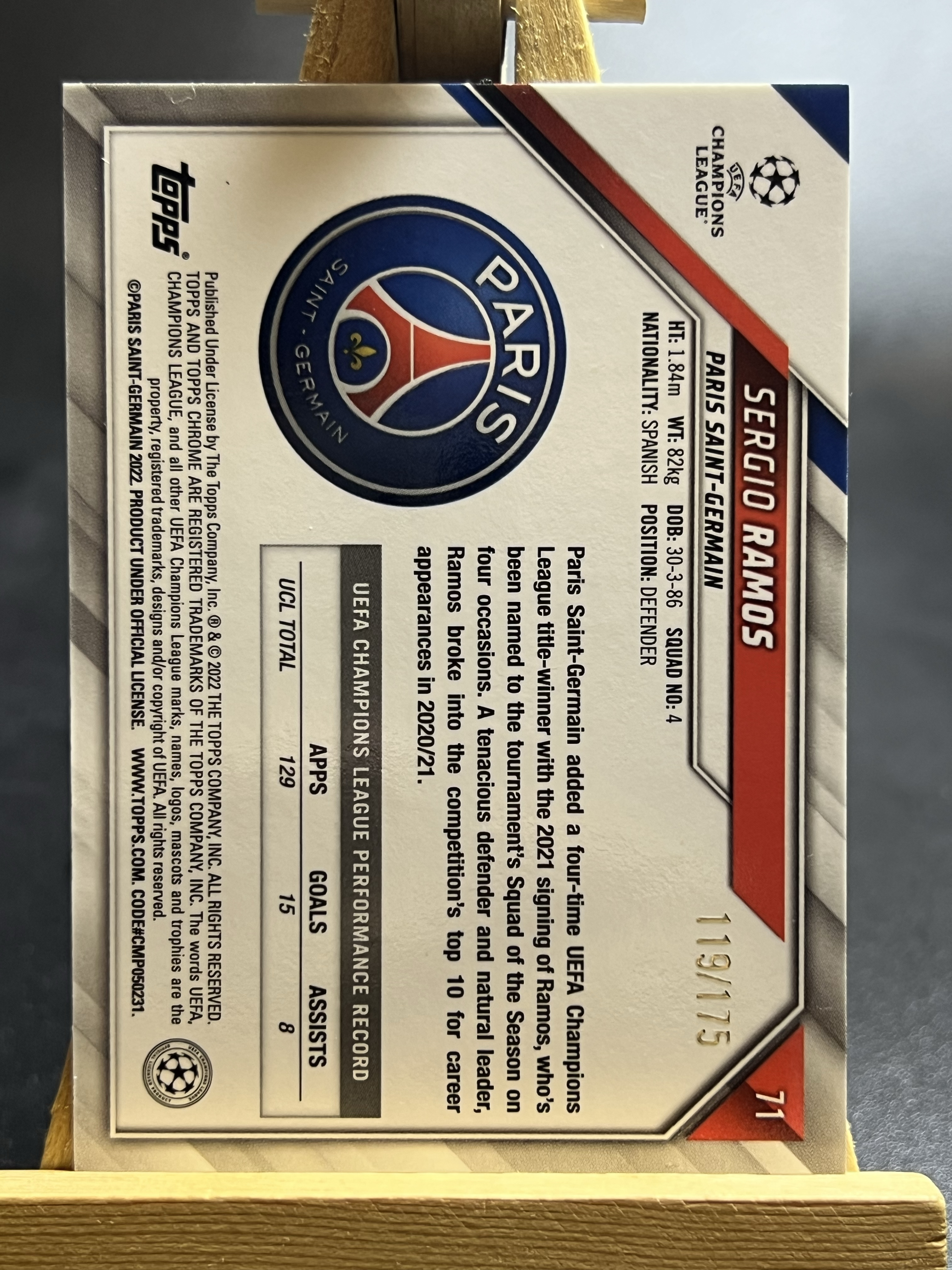 2022 Topps Chrome Sergio Ramos cu毅进 欧冠tc 巴黎 皇马 拉莫斯 水爷 塞维利亚 紫碎点折 119/175编 李哥 叉叉拍卖