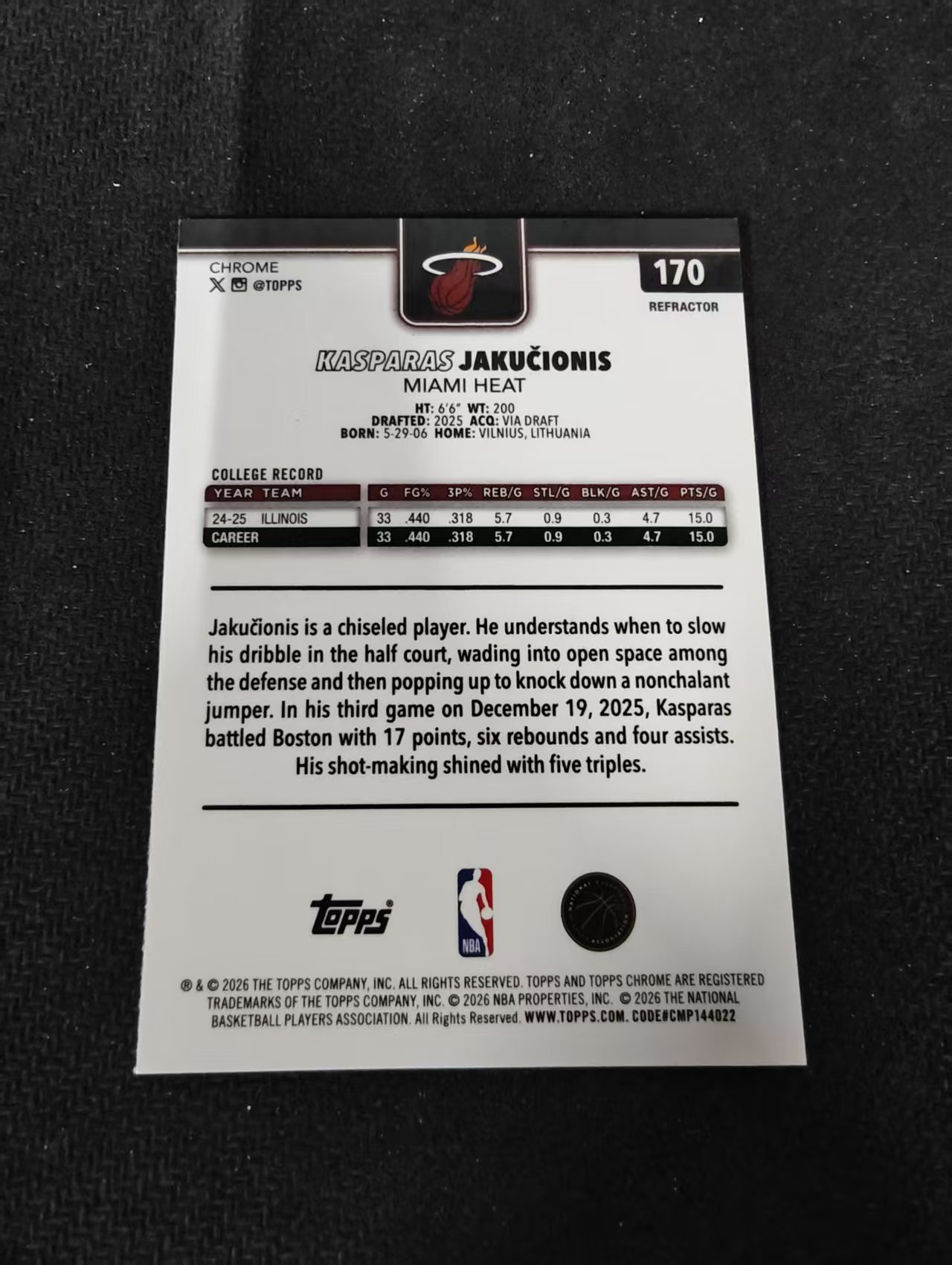 2026 Topps Chrome Update TCU 热火 Kasparas Jakucionis 卡斯帕拉斯 亚库契奥尼斯 新秀RC 银折 瑕疵如图