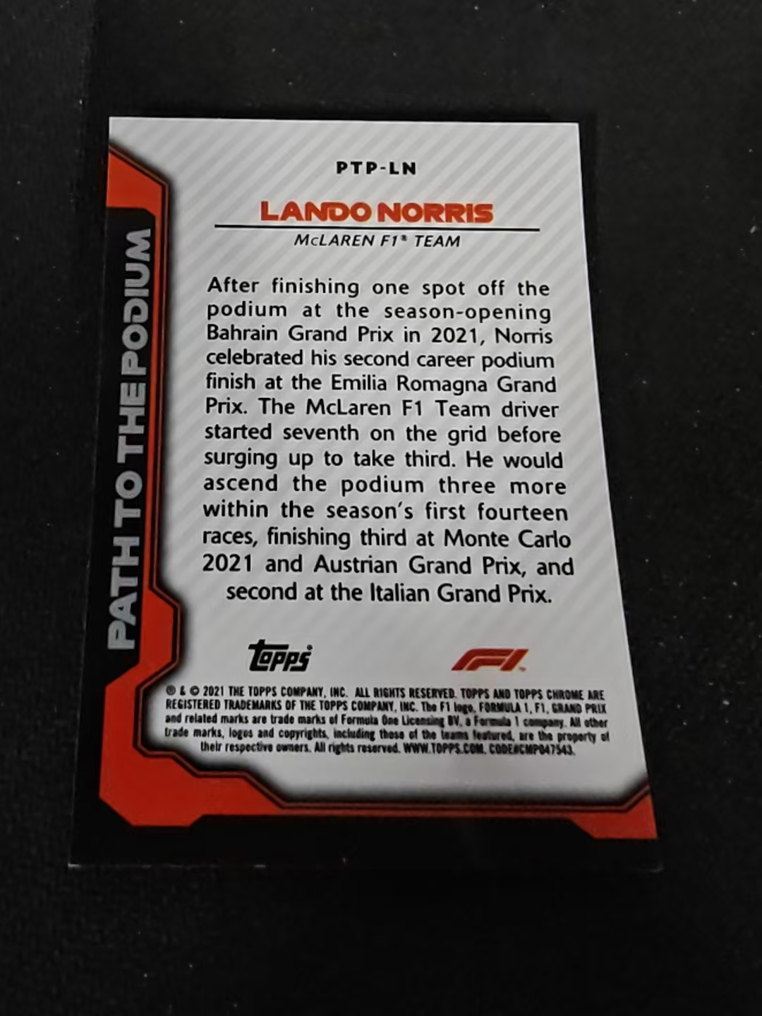 2021 TOPPS F1 CHROME LANDO NORRIS F1 赛车 迈凯伦车队 兰多诺里斯 银折 the podium特卡 边角瑕疵 #LN