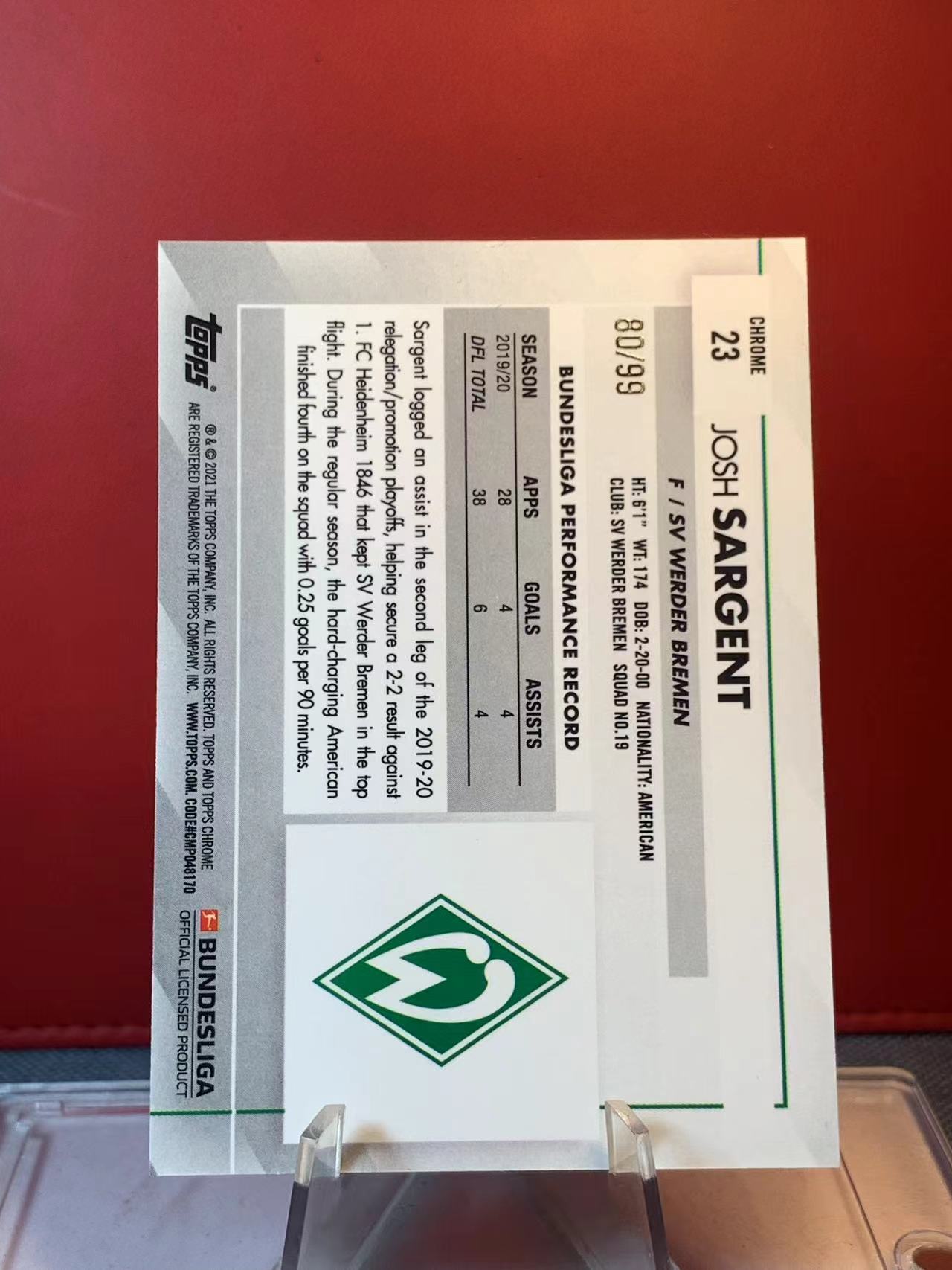 (詹叔代拍)2021 topps chrome josh sargent 德甲 云达不来梅 萨金特 金碎冰折 蓝宝石 80/99编 顺丰寄付 泰山