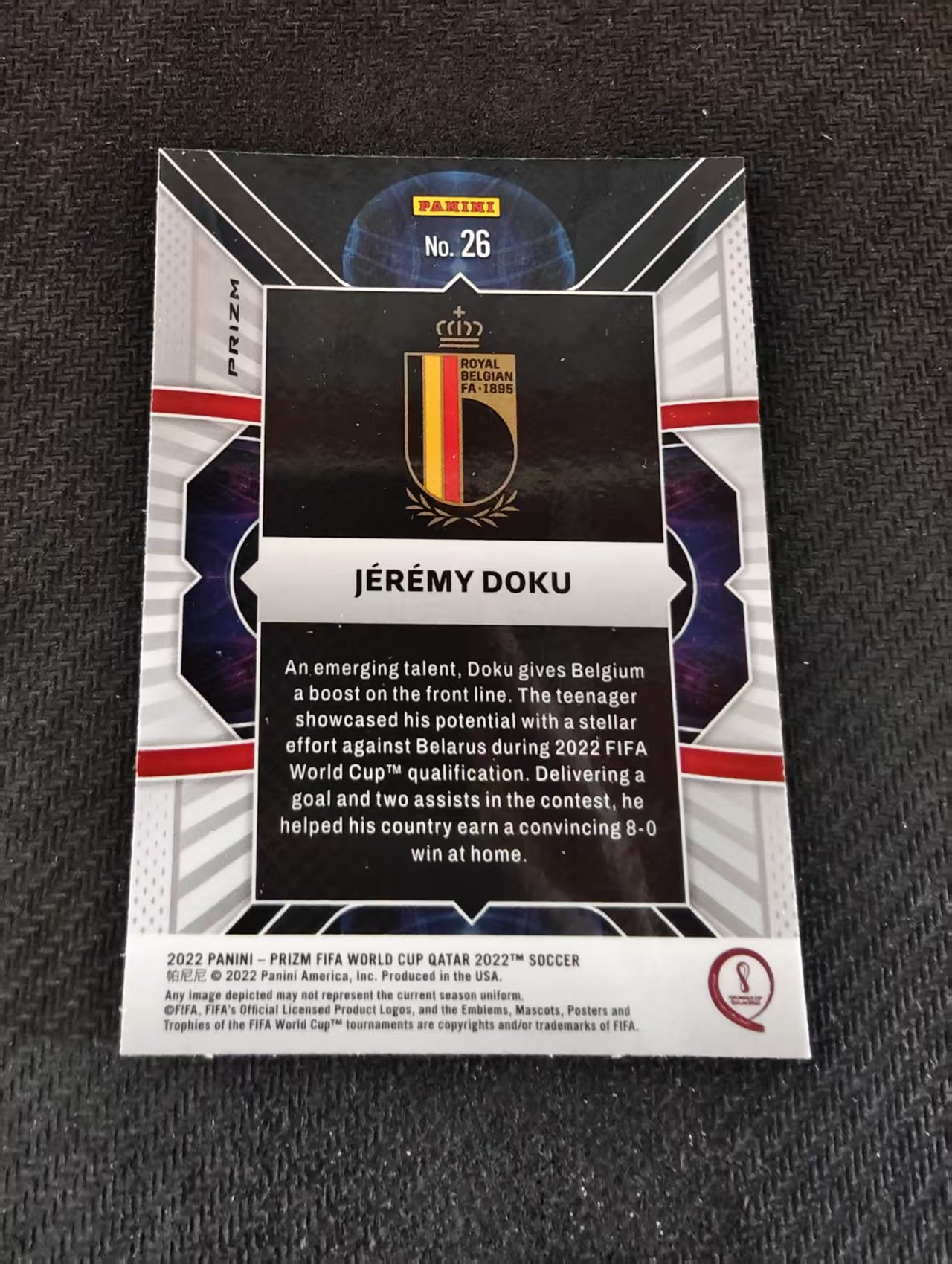 【可合并,不累计】2022 PANINI PRIZM Jeremy Doku 杰里米 多库 比利时 特卡 世界杯 银折 划痕 边角瑕疵 #26