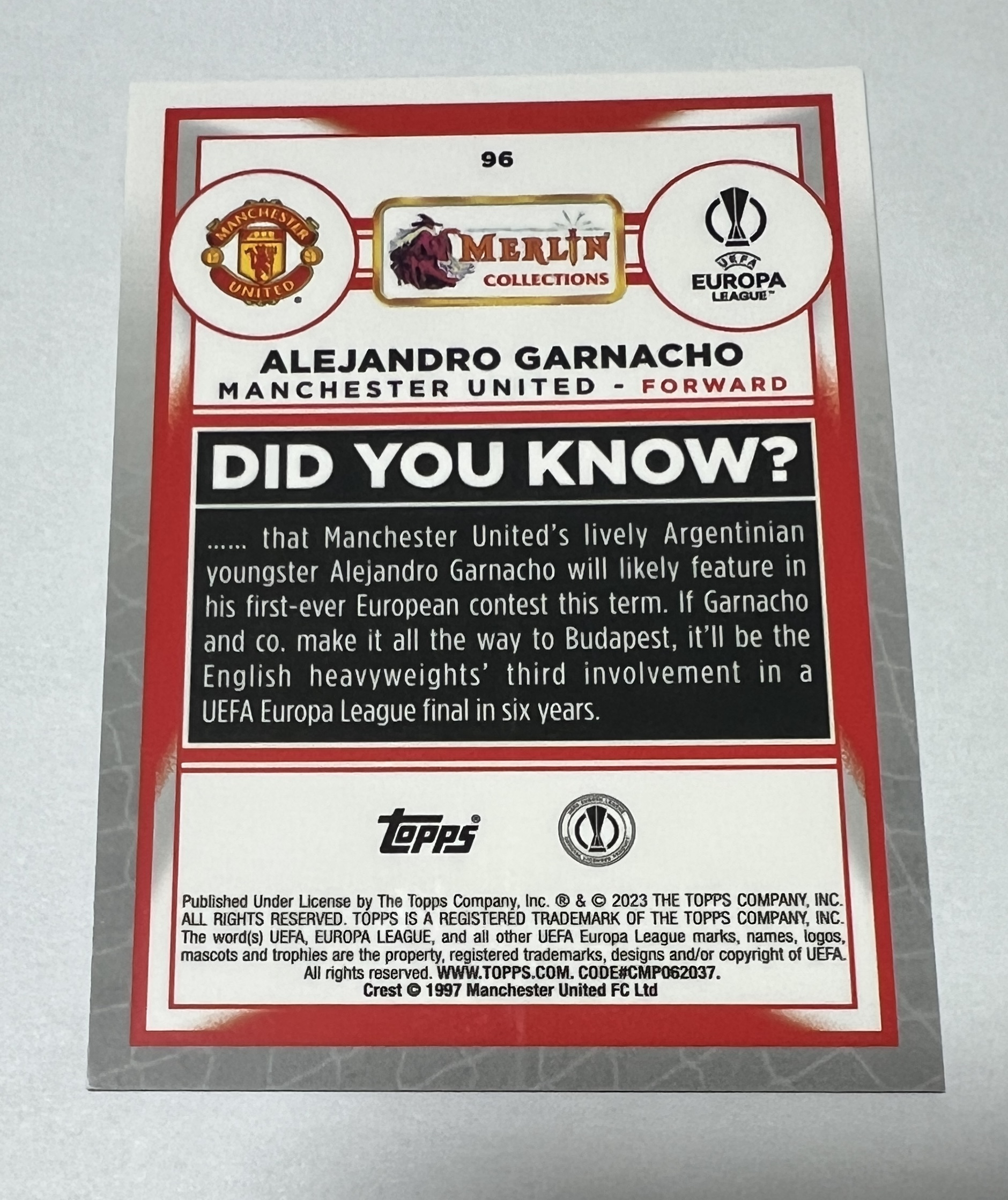 2023 Topps Merlin Alejandro Garnacho RC 欧冠 梅林 曼联 亚历杭德罗 加纳乔 新秀 粉mojo折 275编 折射 卡品如图