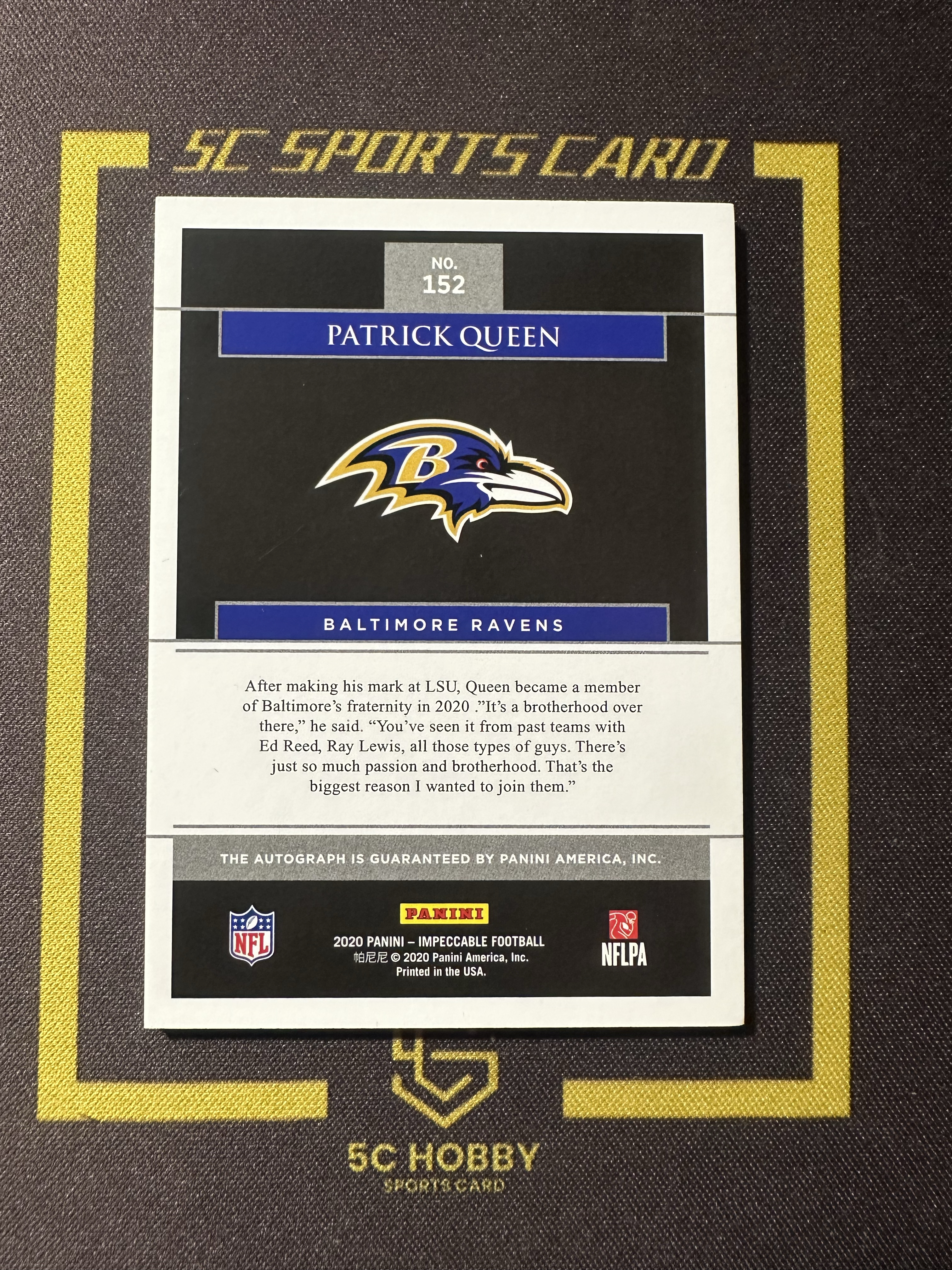 【主演出卡】 2020 panini impeccable 橄榄球 乌鸦新秀 Patrick Queen 新秀签字 卡品如图 卡品一般 12/75