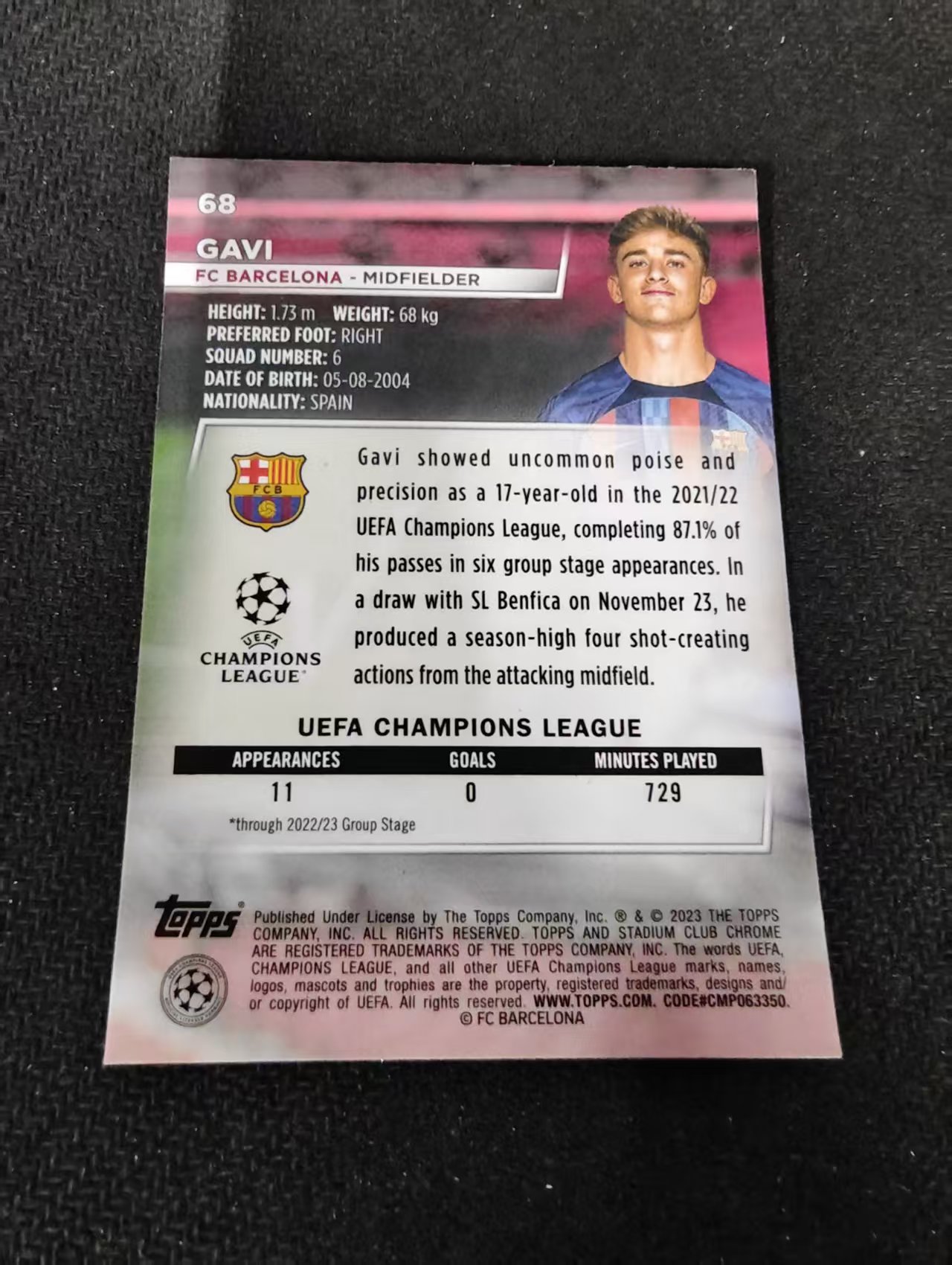 【可合并,不累计】2023 Topps Stadium Club Chrome Gavi 加维 巴塞罗那 巴萨 西班牙金童 欧冠 竞技场 不保卡品 介意勿拍 #68