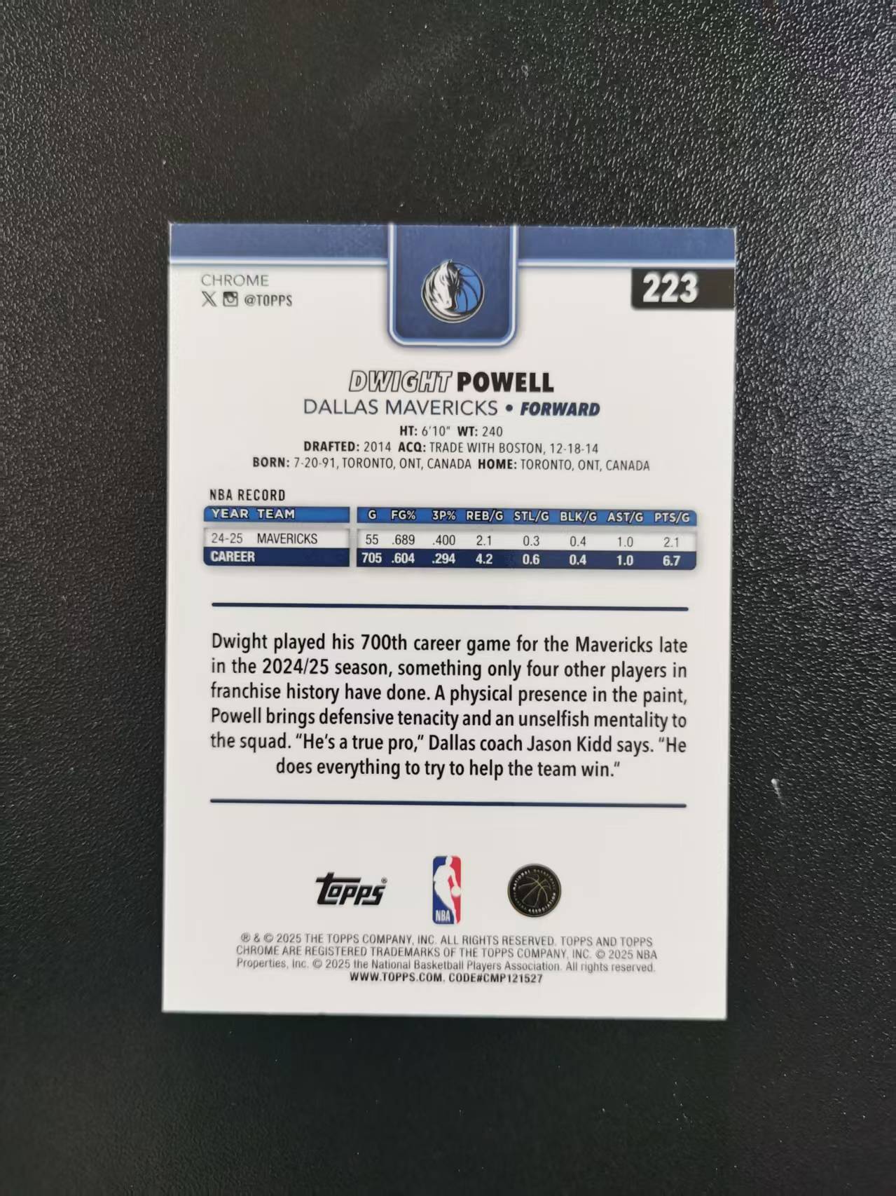 2025 Topps Chrome Dwight Powell 德怀特鲍威尔 独行侠 TC 收藏凑套 卡品如图 免费代拍XS19