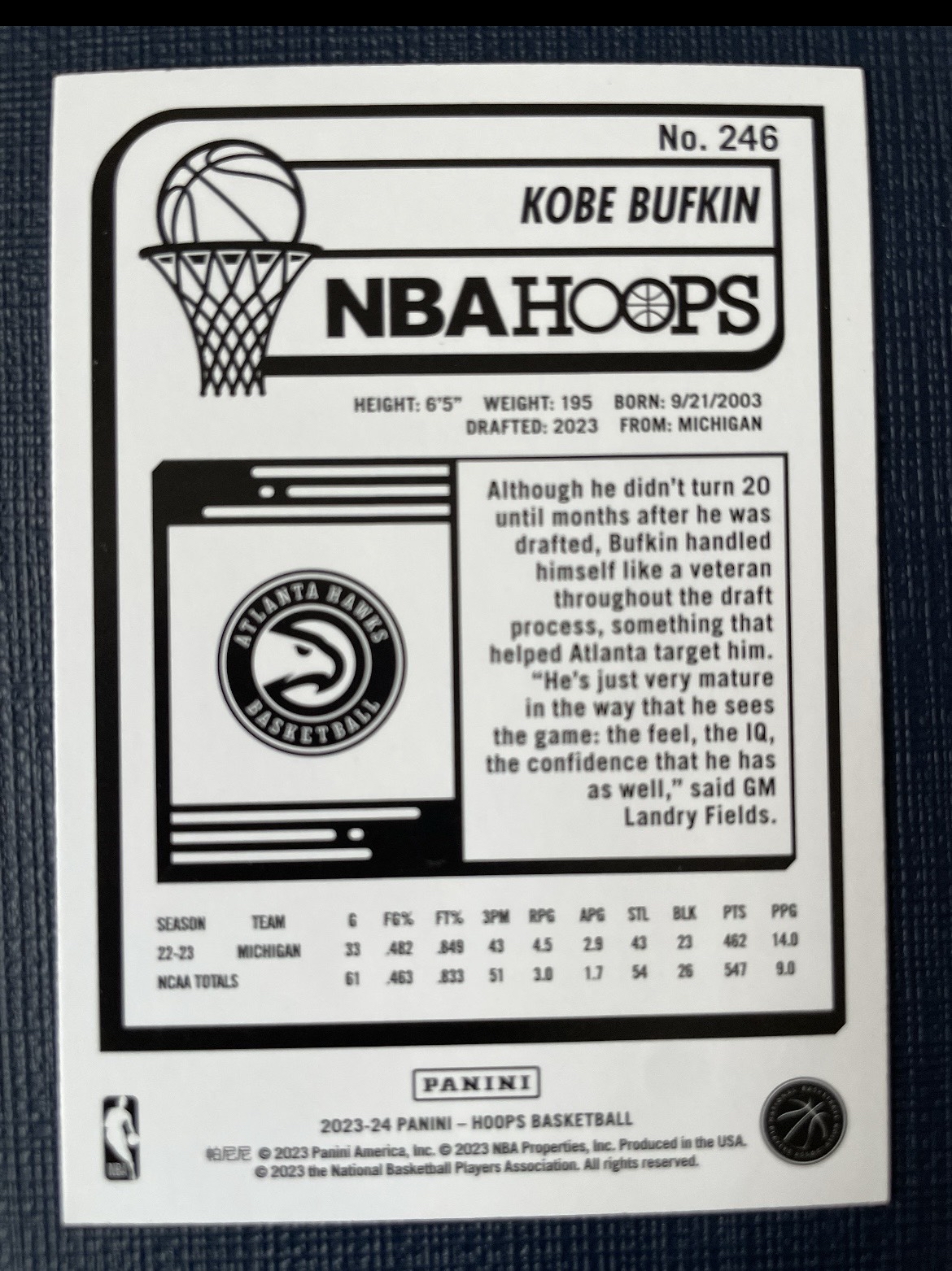 2023-24 Panini NBA Hoops Kobe Bufkin RC 老鹰 新秀 科比 巴夫金 紫平行 卡品如图 专攻凑套必备