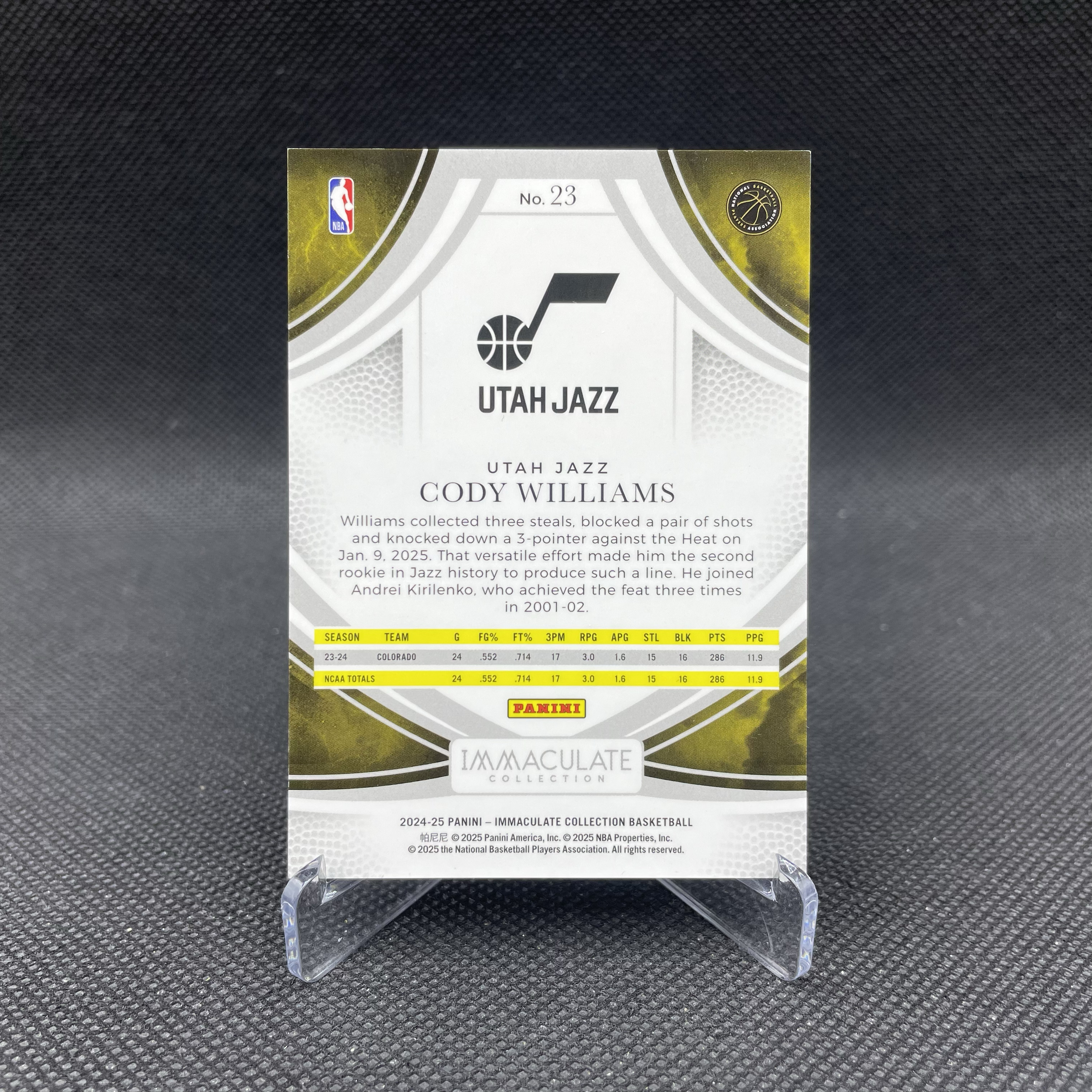 2024-25 Panini Immaculate Cody Williams RC 【无界代卖】爵士 新秀 科迪 威廉姆斯 09/99编 Base 银平行 品如图 不累计 YC