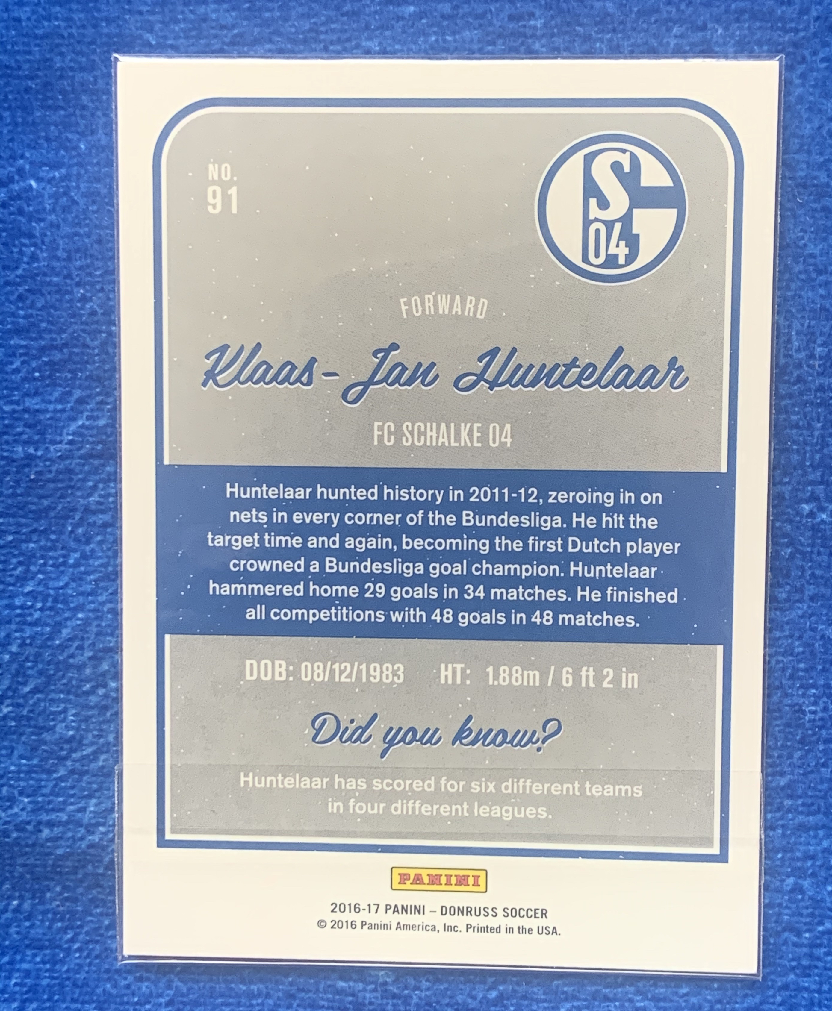 2016-17 Panini Donruss Klaas Jan Huntelaar 帕尼尼杜蕾斯 沙尔克Schalke04 亨特拉尔 荷兰Holland 世界杯亚军 阿贾克斯Ajax