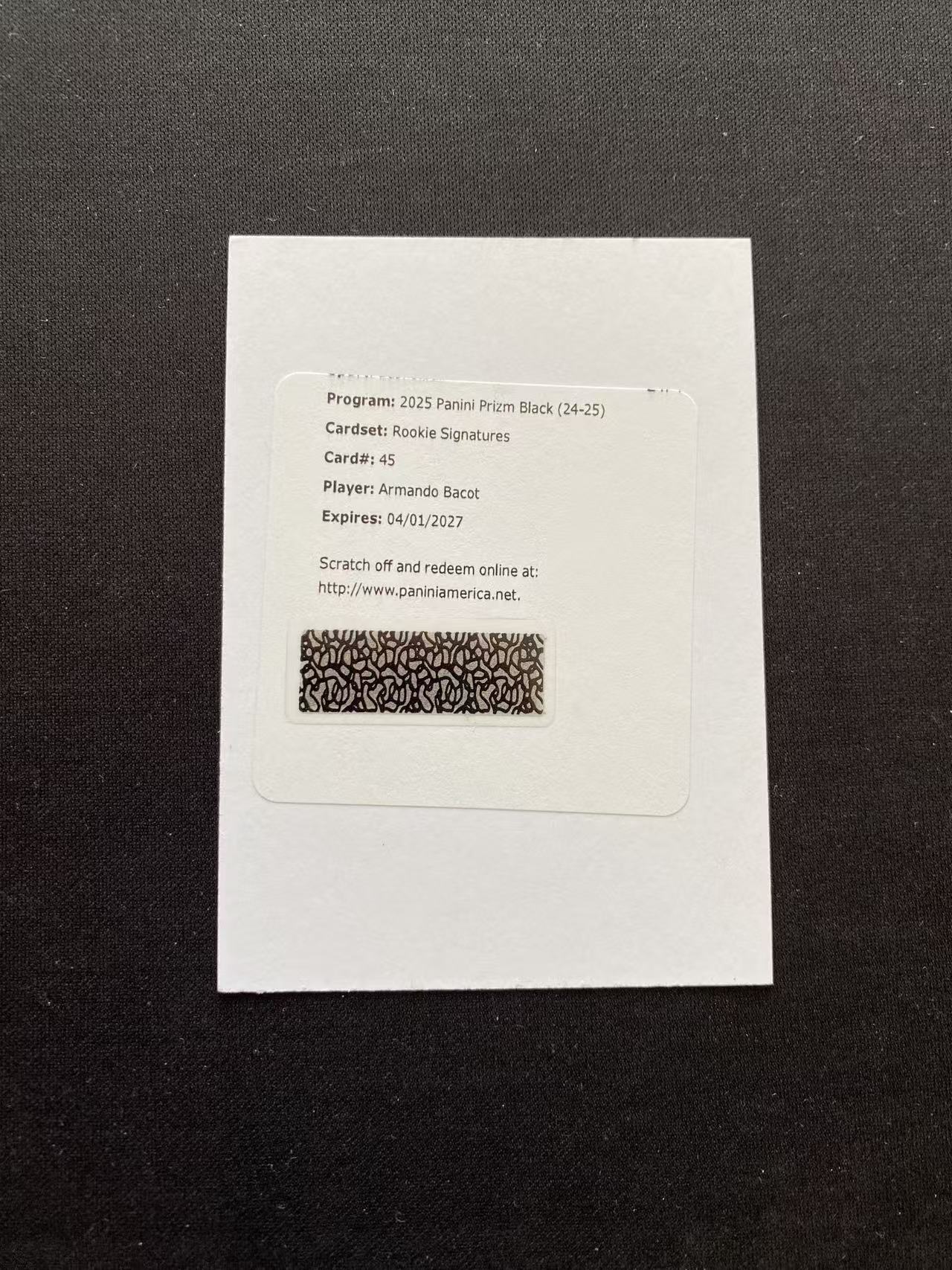 2024-25 Panini prizm black Armando Bacot 灰熊 阿曼多 巴科特 新秀RC 签字 签名 交换板 发卡不发码【king#58】