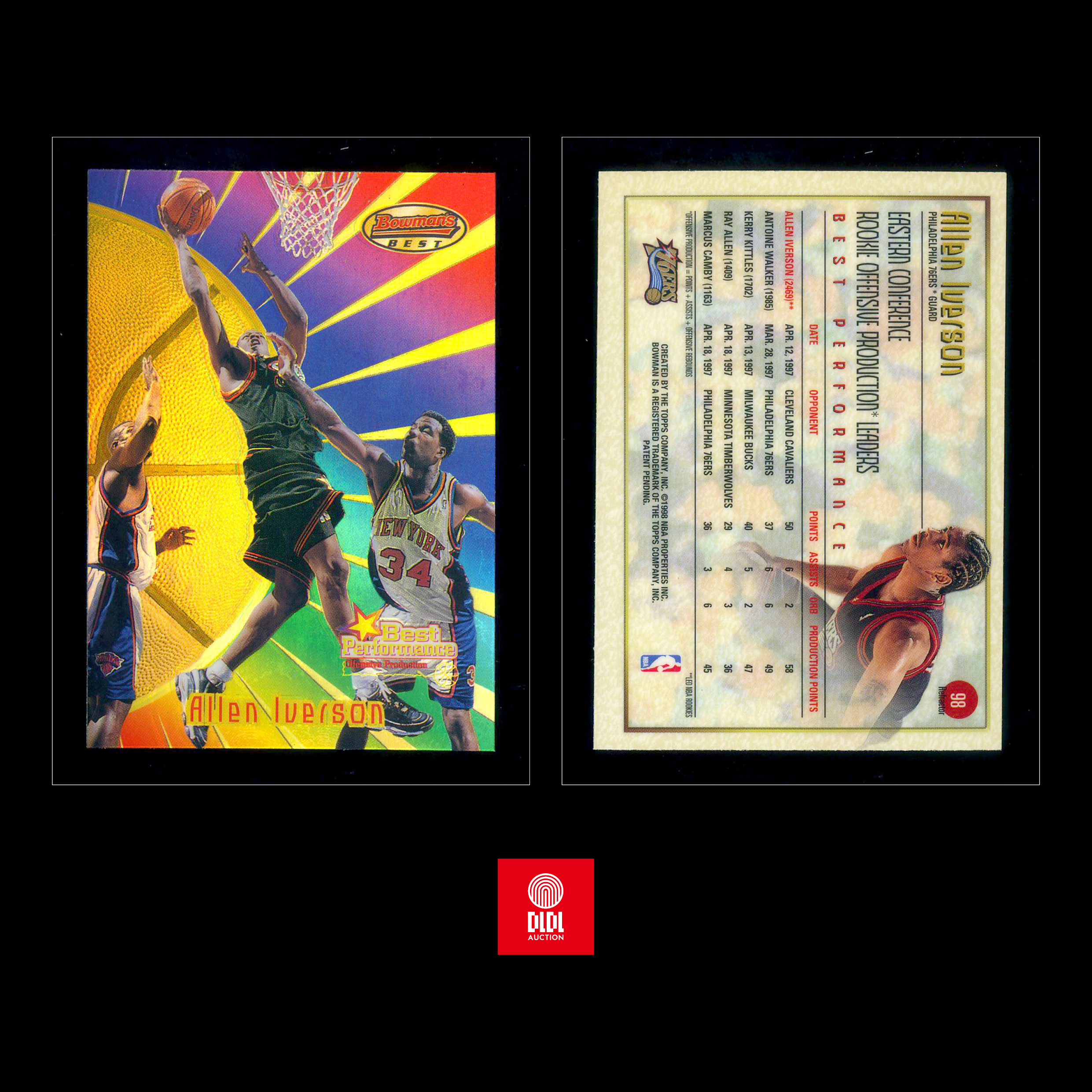 1997-98 Bowman's Best BP REF Allen Iverson 最佳表现副卡 折射 艾弗森 MVP 答案 无畏斗士 矮个奇迹 折射鼻祖 经典金球射线设计