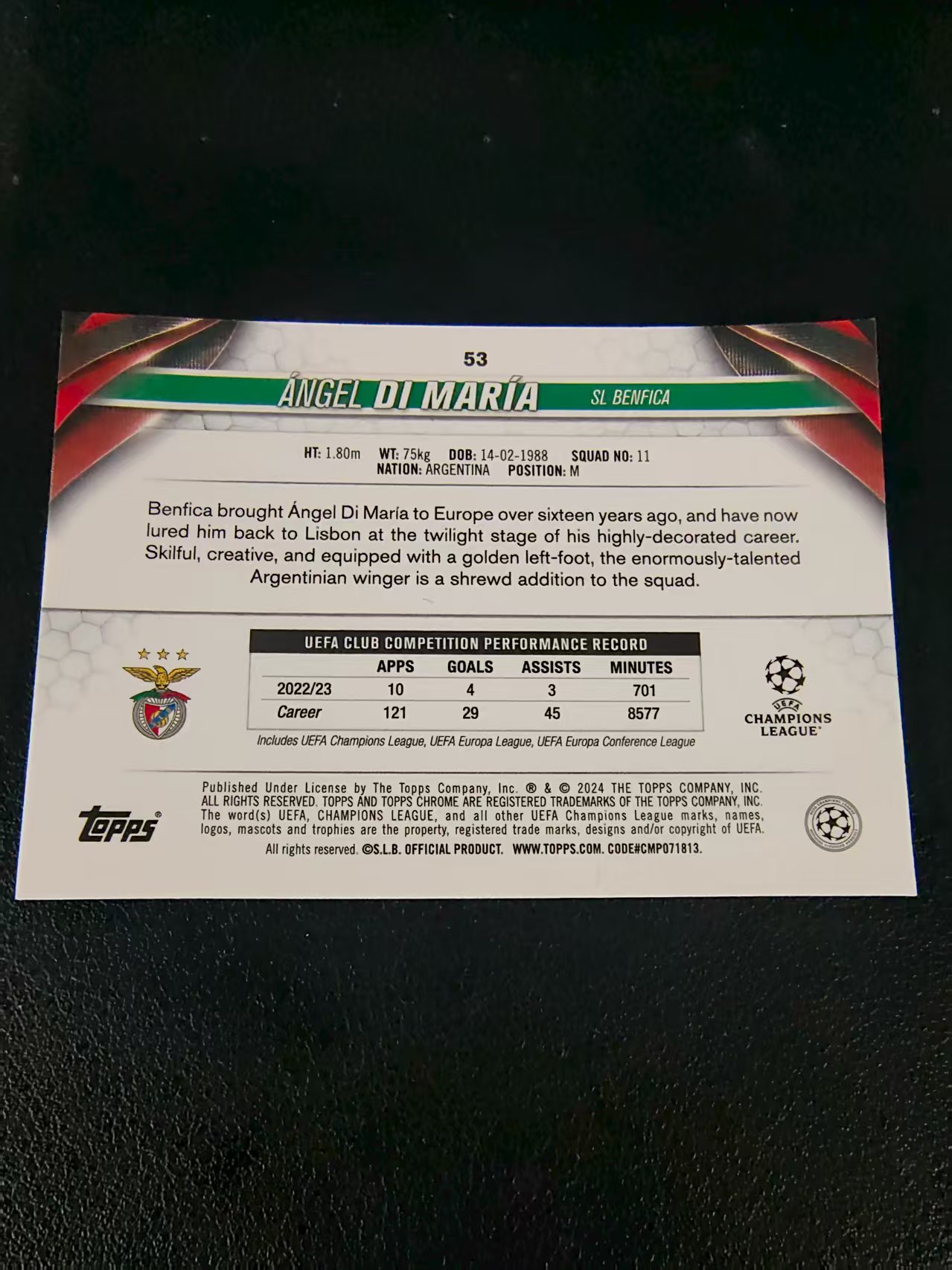 【可合并,不累计】2024 Topps Chrome angel di maria 本菲卡 安赫尔 迪玛利亚 欧冠 划痕 边角瑕疵 #53