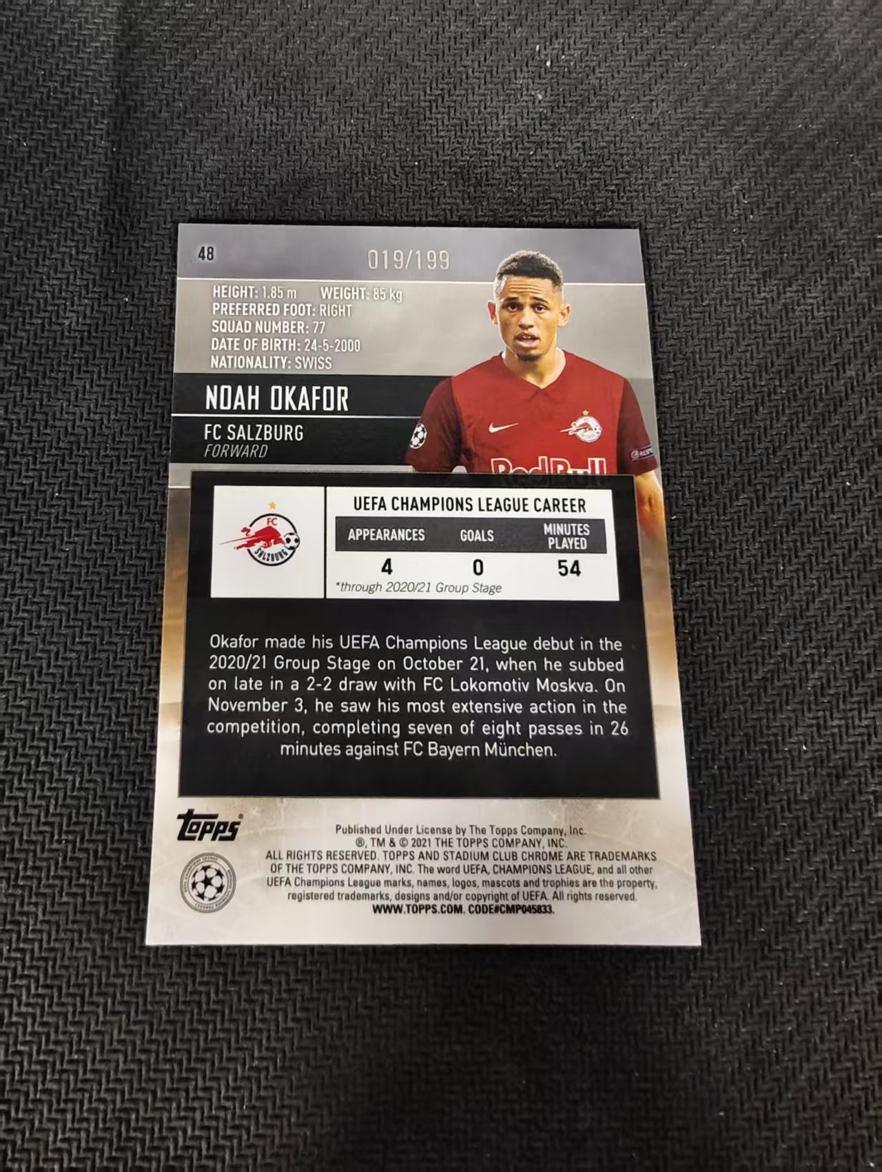 【可合并,不累计】2021 Topps Stadium Club Chrome Noah Okafor RC 奥卡福 竞技场 新秀 199编 绿折 AC米兰前锋 瑞士国脚