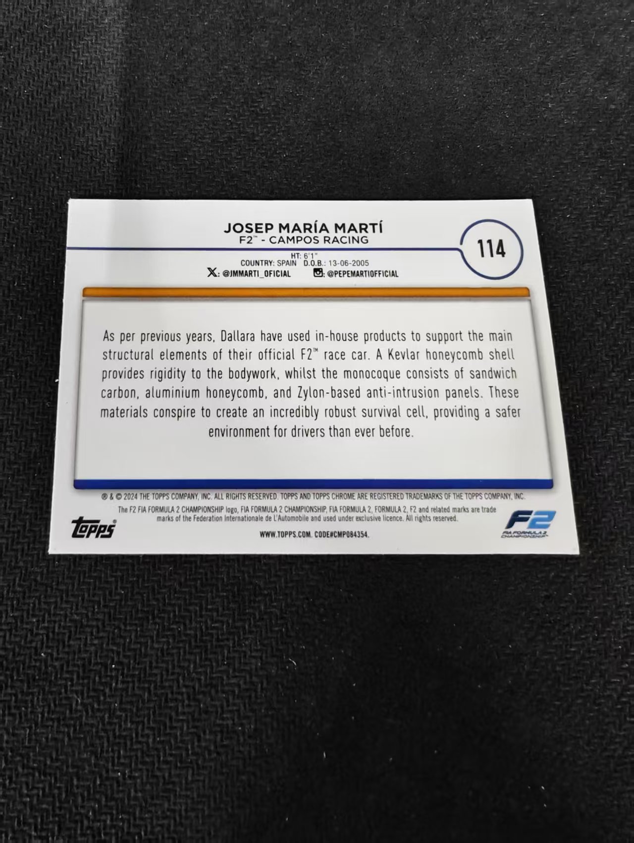 2024 Topps Chrome F1 Josep Maria Marti 玛丽亚 马蒂 F2 划痕 边角瑕疵 #114