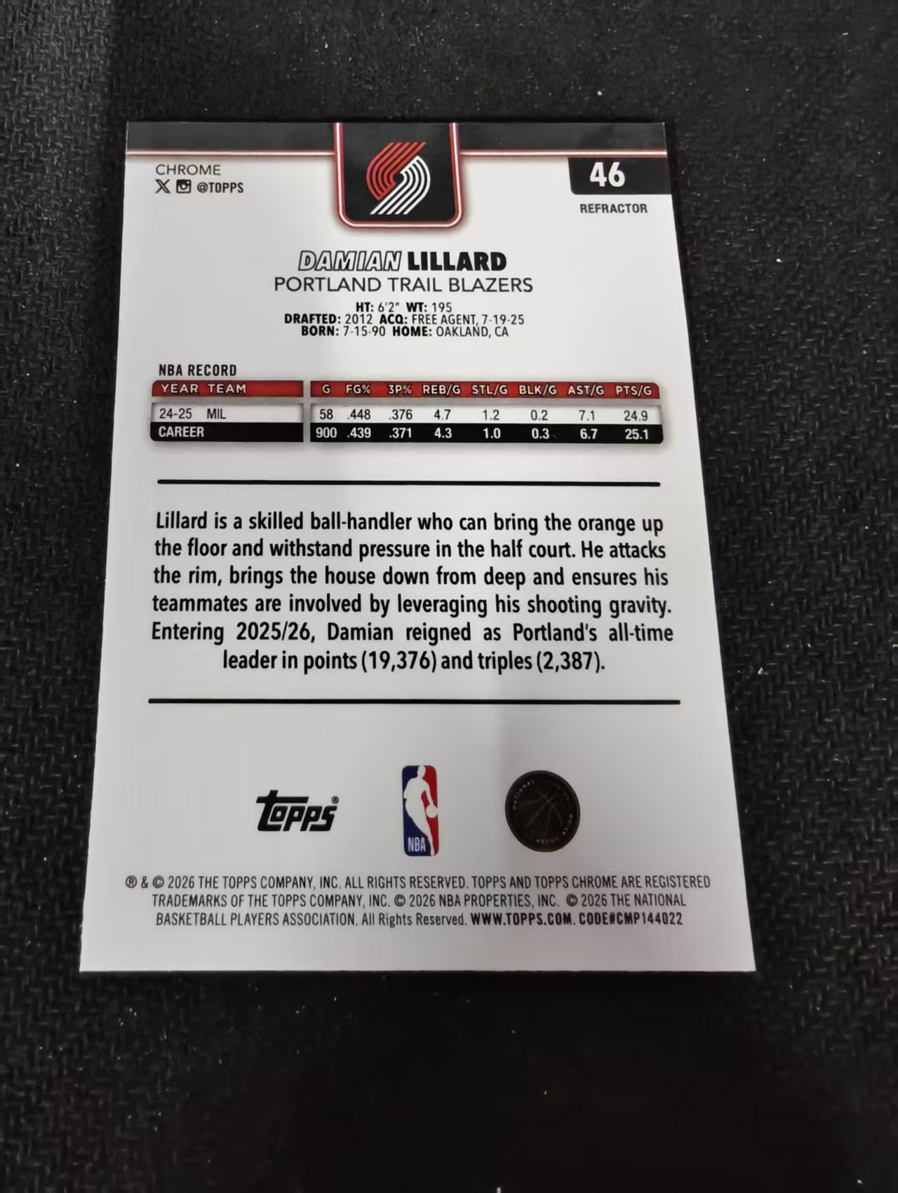 2026 Topps Chrome Update damian lillard 开拓者 达米安 利拉德 利指导 银折 TCU 划痕 边角瑕疵 #46
