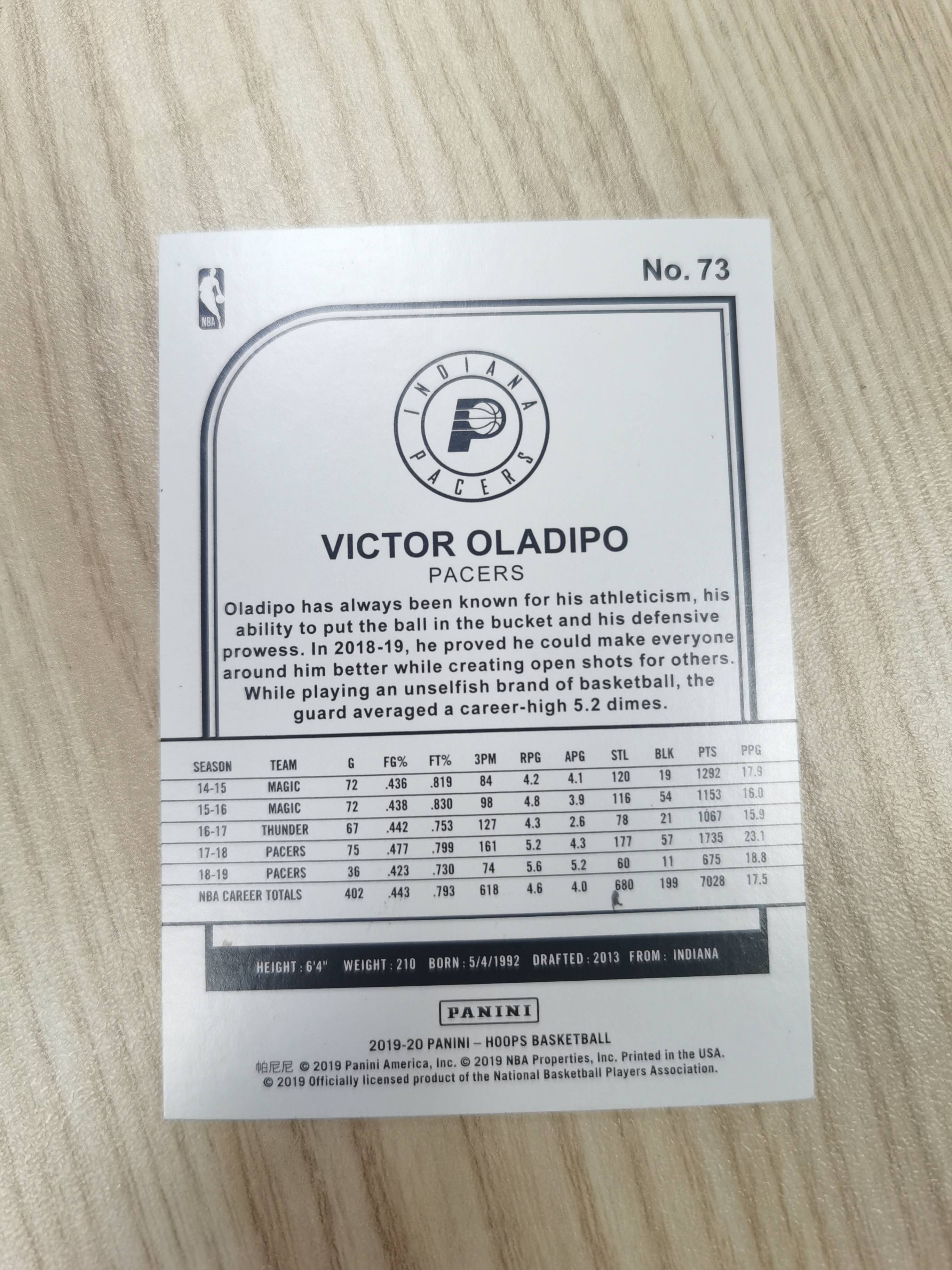 2019-20 Panini Hoops Victor Oladipo 2019-20 奥拉迪波 hoops 2届全明星 1次抢断王 1次一防 1次最佳三阵 13年榜眼 热火 步行者 火箭 灰熊 魔术