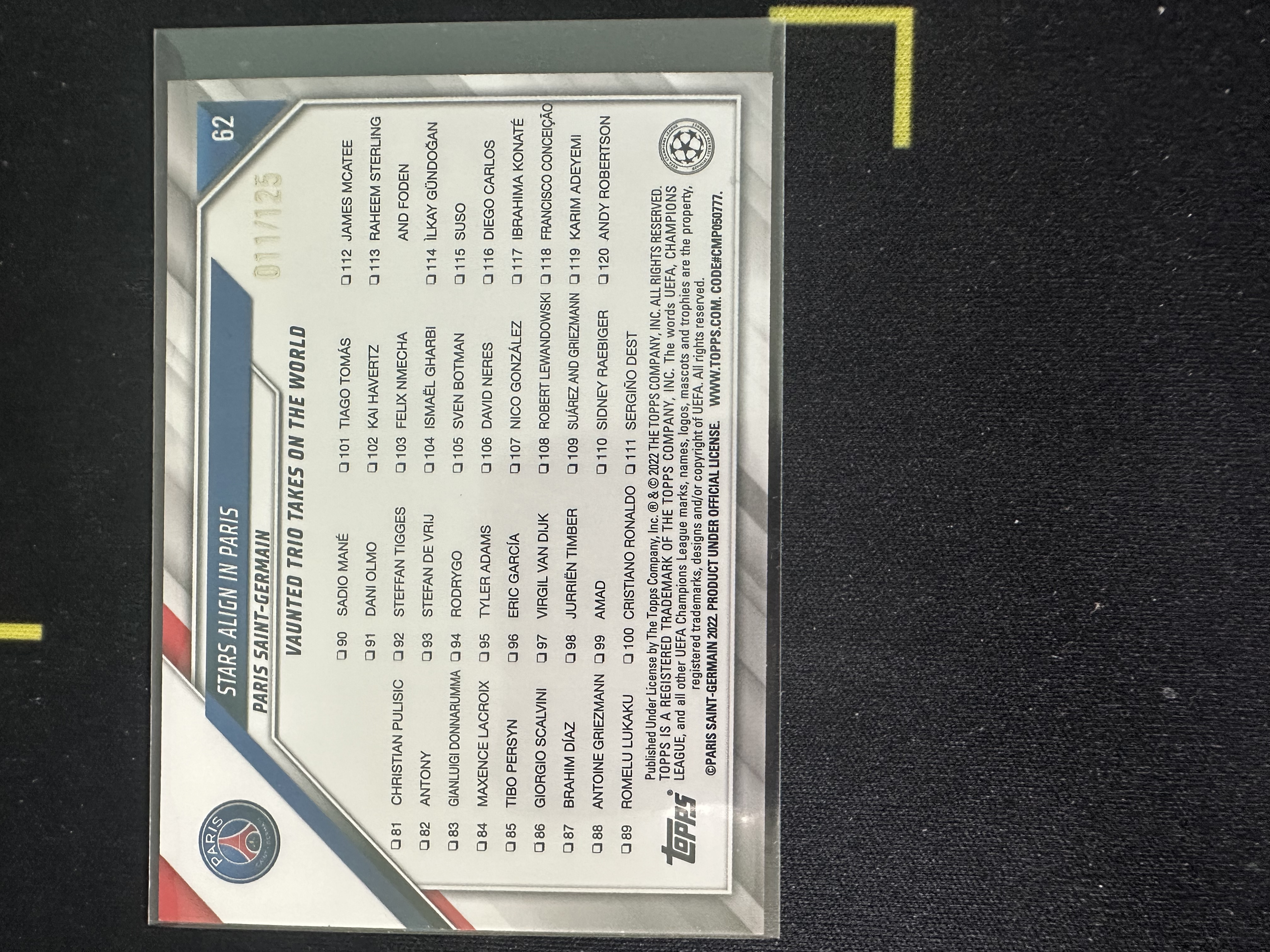 2022 Topps UEFA Champions League Kylian Mbappe 欧冠系列 姆巴佩,梅西,内马尔 三人特卡 巴黎圣日耳曼 折射稀有祥云卡 011/125编