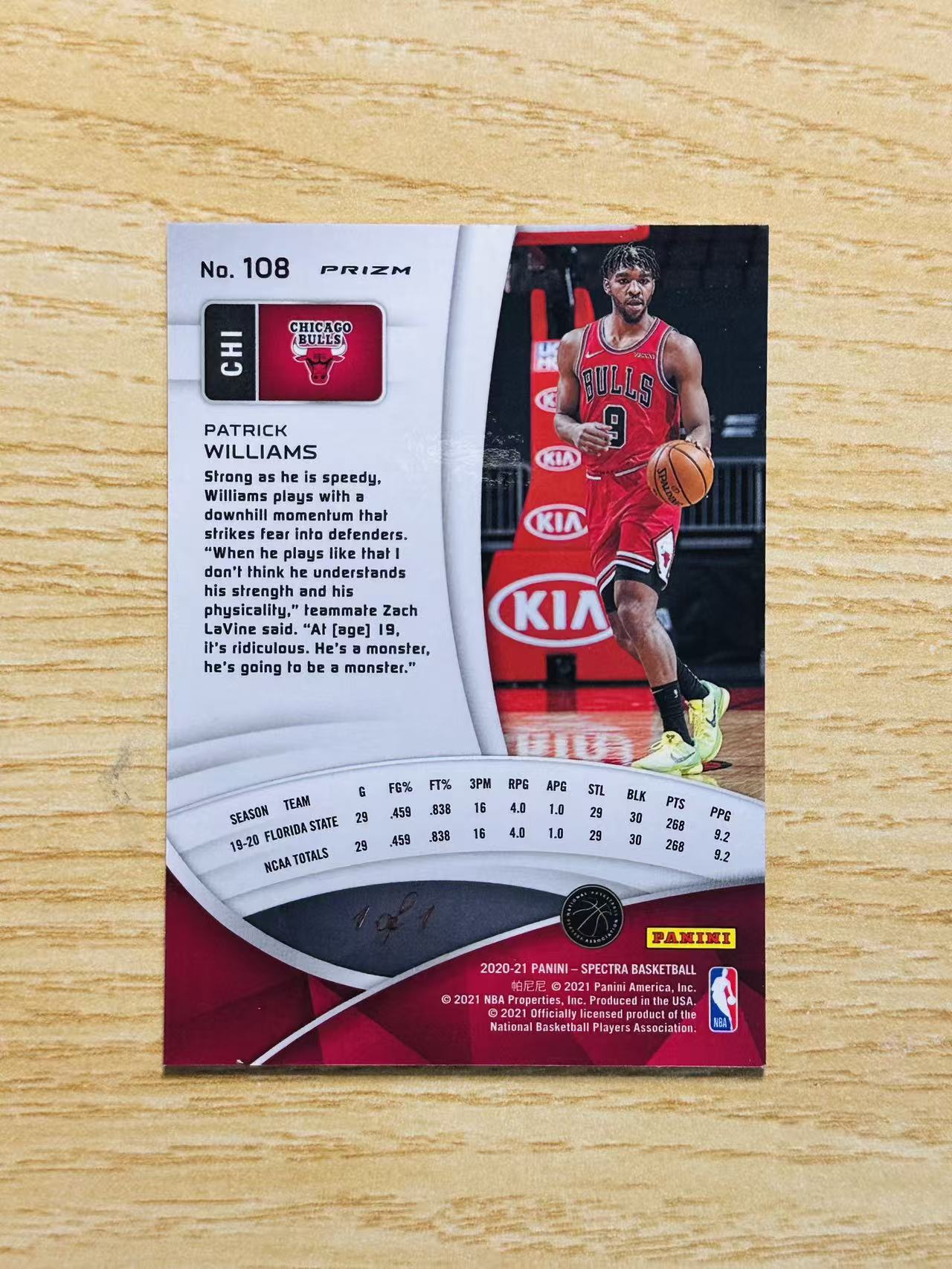 2020-21 Panini Spectra Patrick Williams 嘿嘿代卖 光谱 帕特里克 威廉姆斯 新秀 RC 脉冲折 1编1 1of1 公牛 卡瑕疵图34 收藏必备