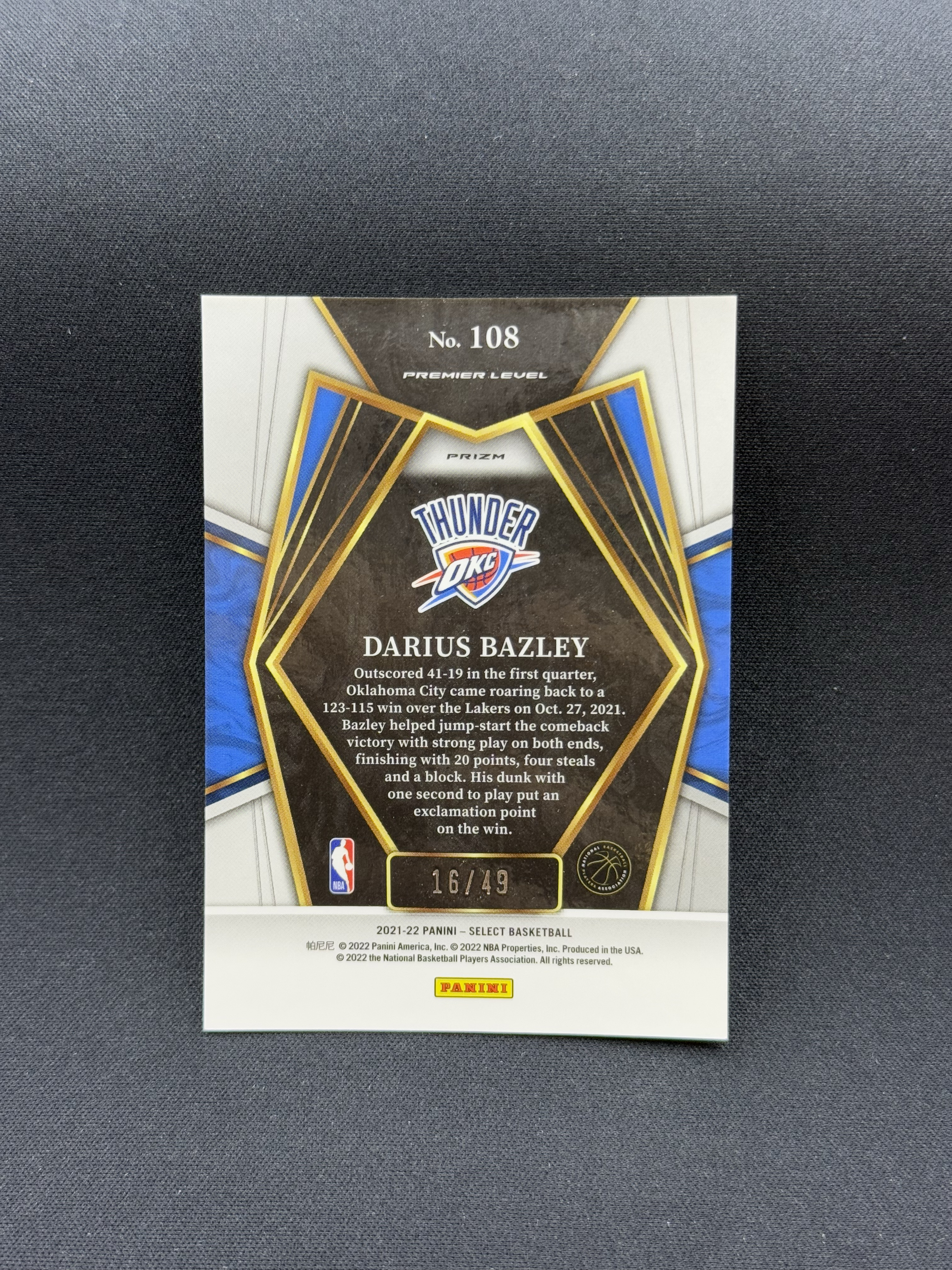 2021-22 Panini Select Darius Bazley 【小贝代拍】NBA Select 雷霆 达柳斯 贝兹利 二阶 红泡泡折 49编 卡品如图 拍前看描述 HCT