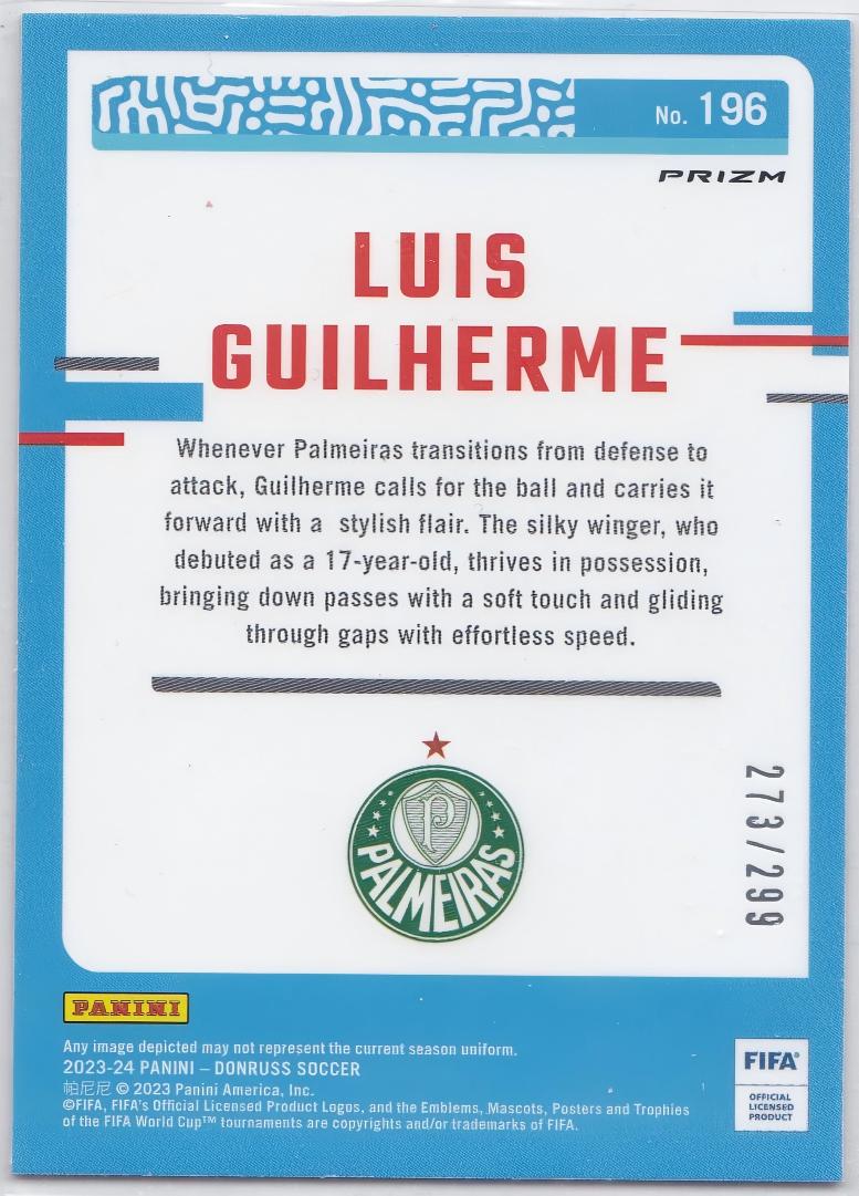 2023-24 Panini Donruss Luis Guilherme #196 杜蕾斯 帕尔梅拉斯 吉列尔梅 红折 RC 足球 带编299/273