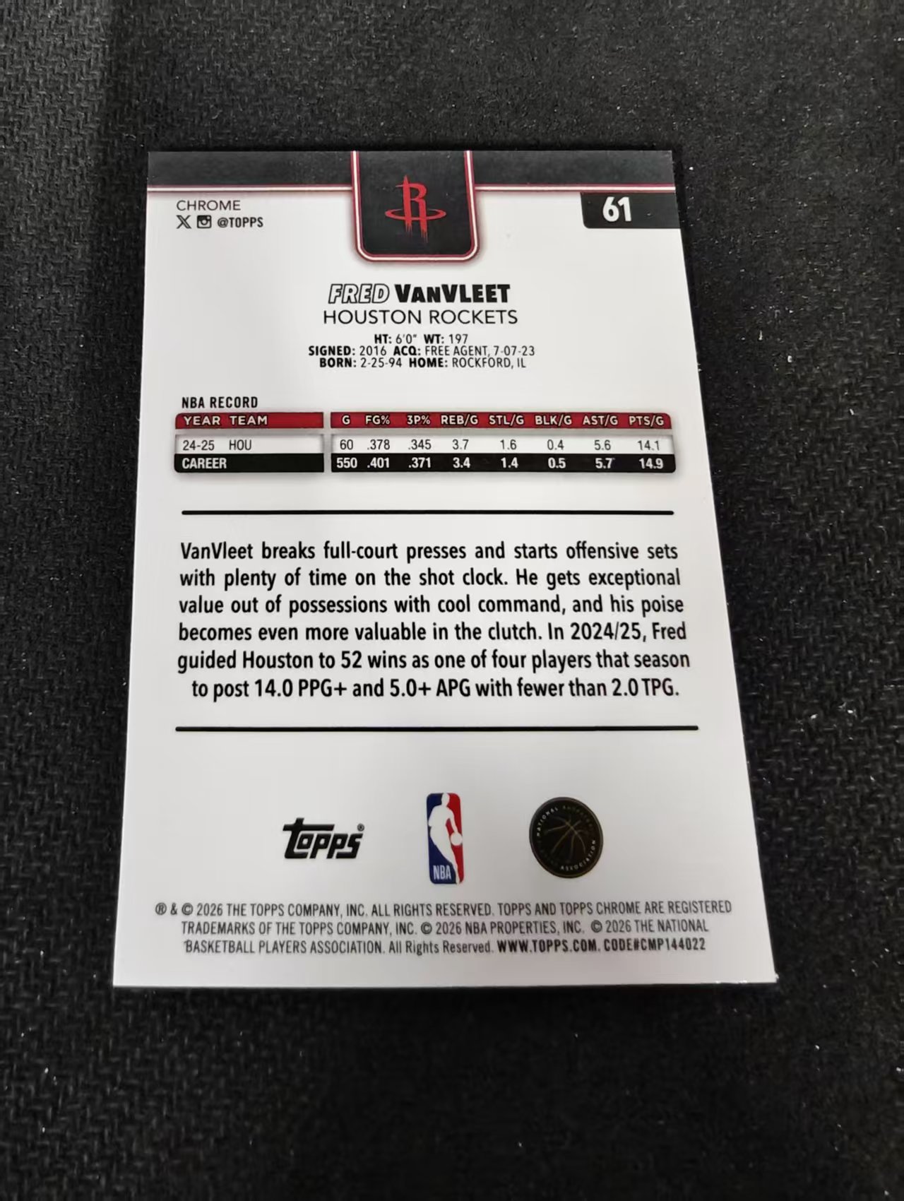 2026 Topps Chrome Update Fred VanVleet 弗雷德 范弗利特 火箭 TCU 划痕 边角瑕疵 #61