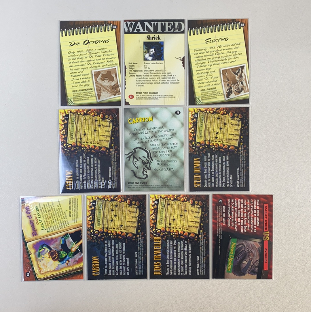 【弈卡代拍】1996 SkyBox Marvel (MCU) 漫威 Fleer Spider-Man 蜘蛛侠 永恒的恶魔工厂 浮雕logo 中古老卡 对战卡 10张打包 品相如图 收藏必备 无理