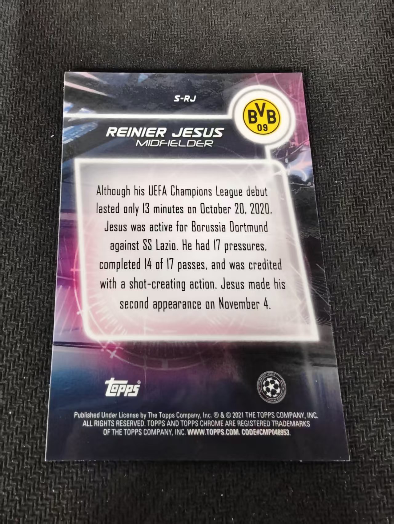 【可合并,不累计】2021 Topps Chrome Reinier Jesus 多特蒙德 新秀RC 雷尼尔 热苏斯 欧冠 银折 不保卡品 介意勿拍