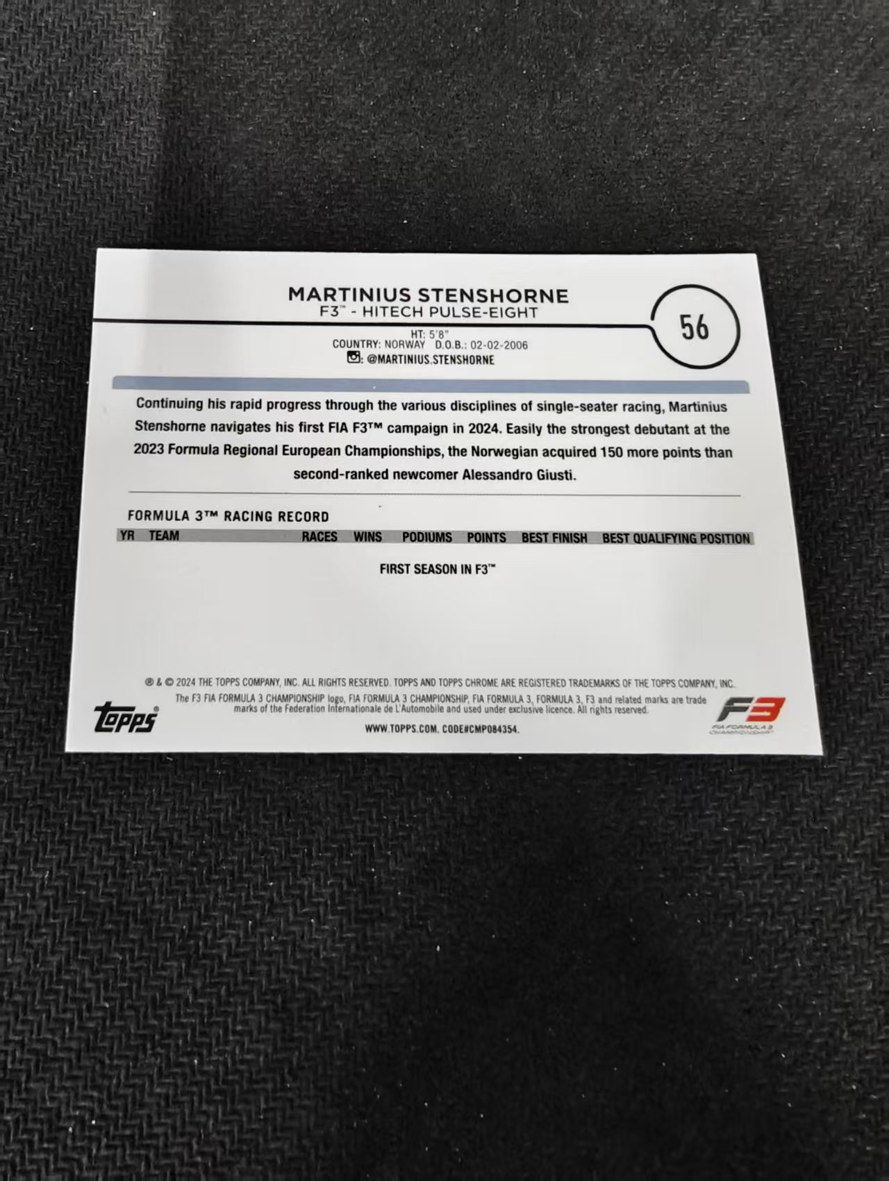 2024 TOPPS CHOMRE F1 Martinius Stenshorne 马蒂纽斯 斯滕斯霍恩 F3 划痕 边角瑕疵 #56