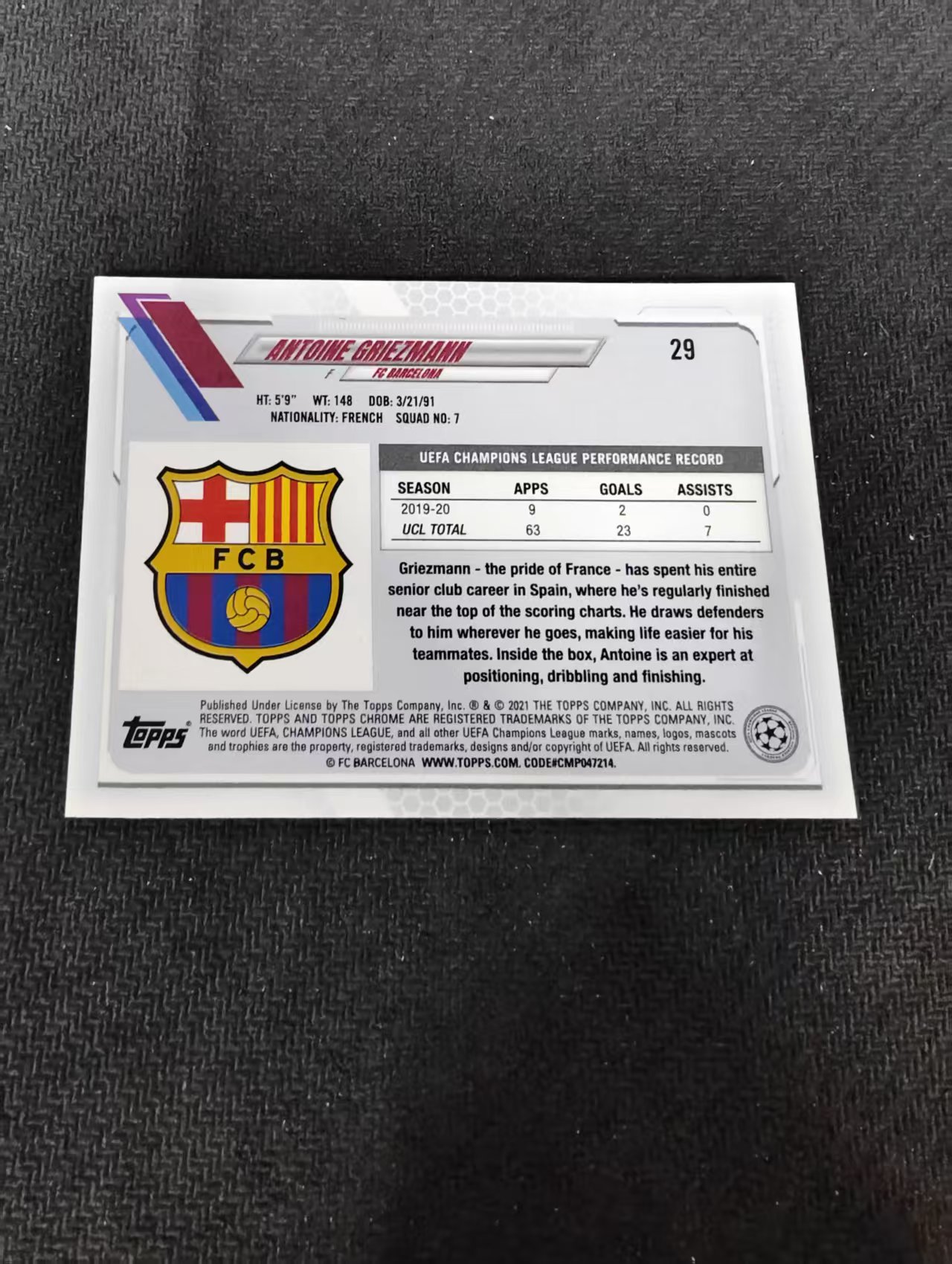【可合并,不累计】2021 Topps Chrome Antoine Griezmann 欧冠 蓝宝石 巴萨 格列兹曼 蓝碎冰 不保卡品 介意勿拍 #29