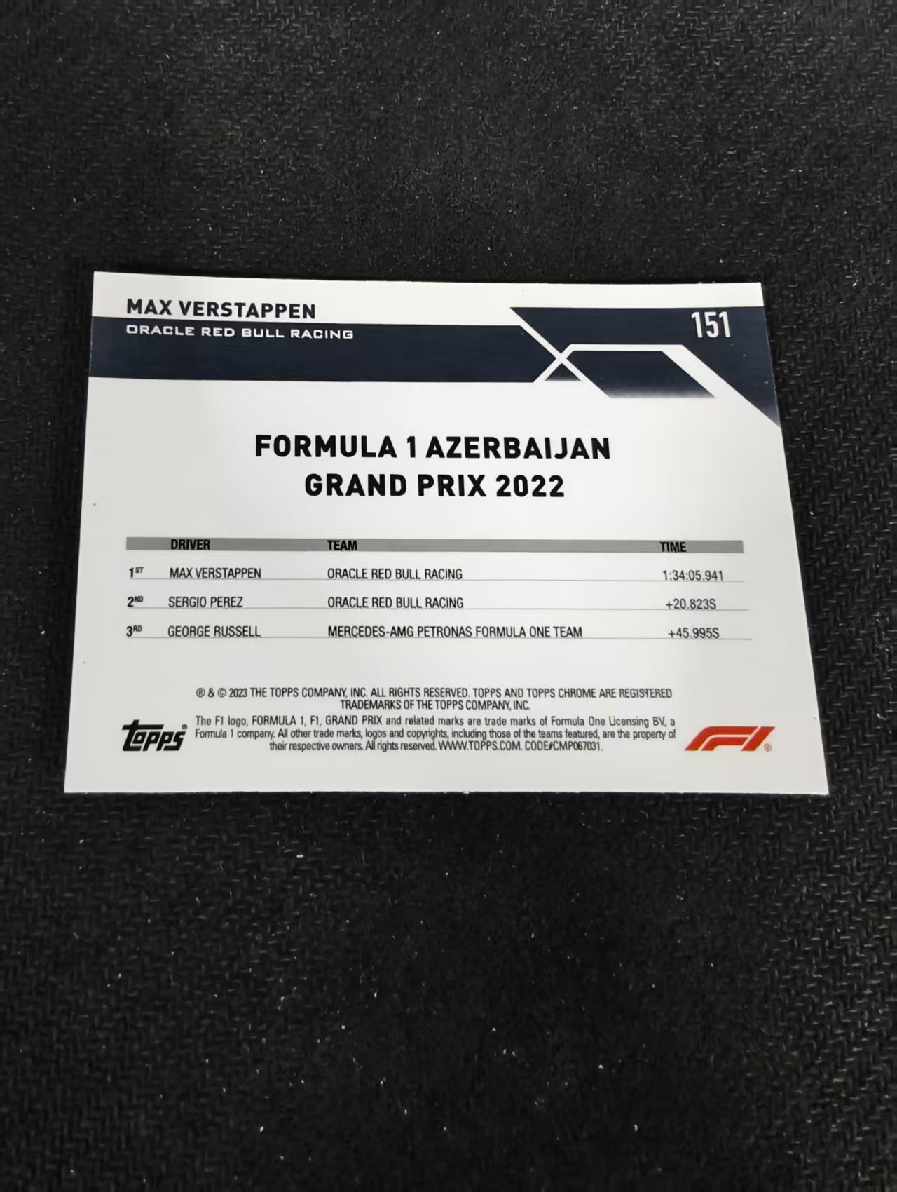 2023 Topps Chrome F1 Max Verstappen 维斯塔潘 红牛 划痕 边角瑕疵 #151