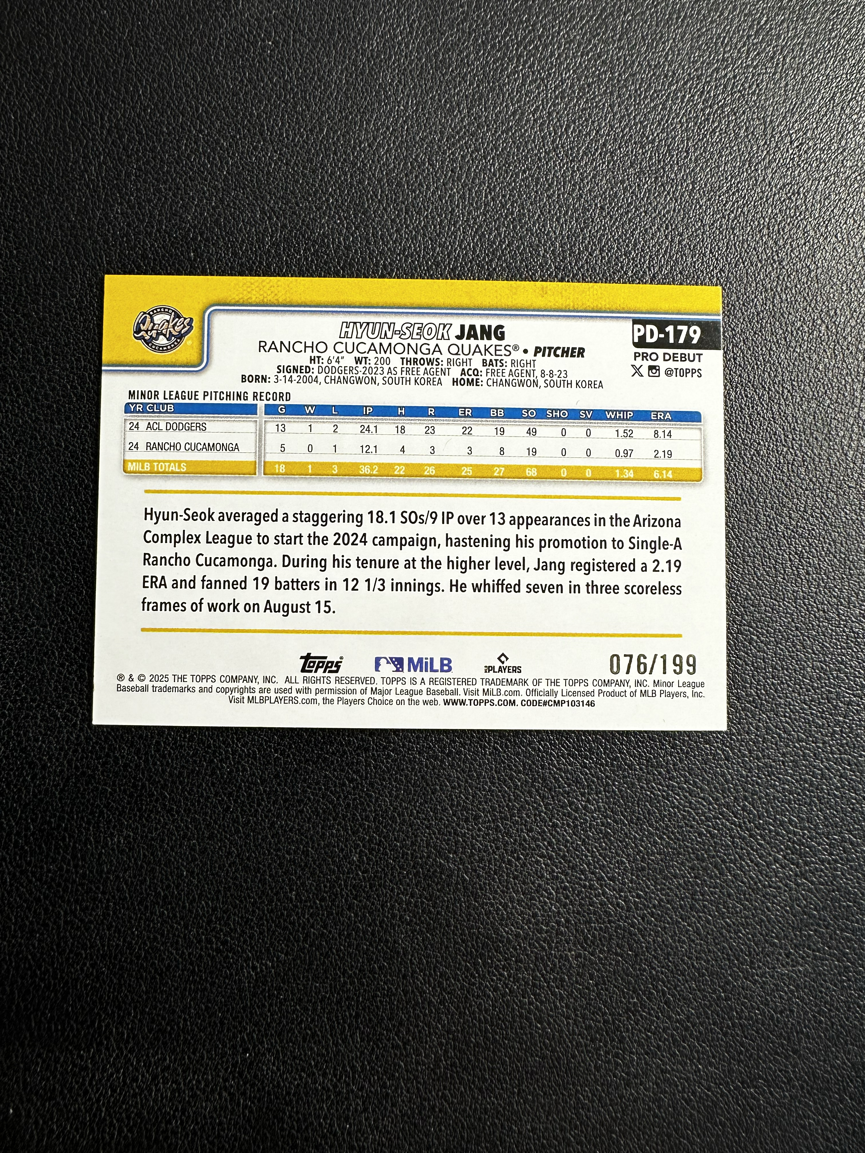 2025 Topps Bowman 棒球 HYUN-SEOK JANG 库卡蒙格 张玄锡 粉折 199编 微痕 洛北拍卖 超超88 1118