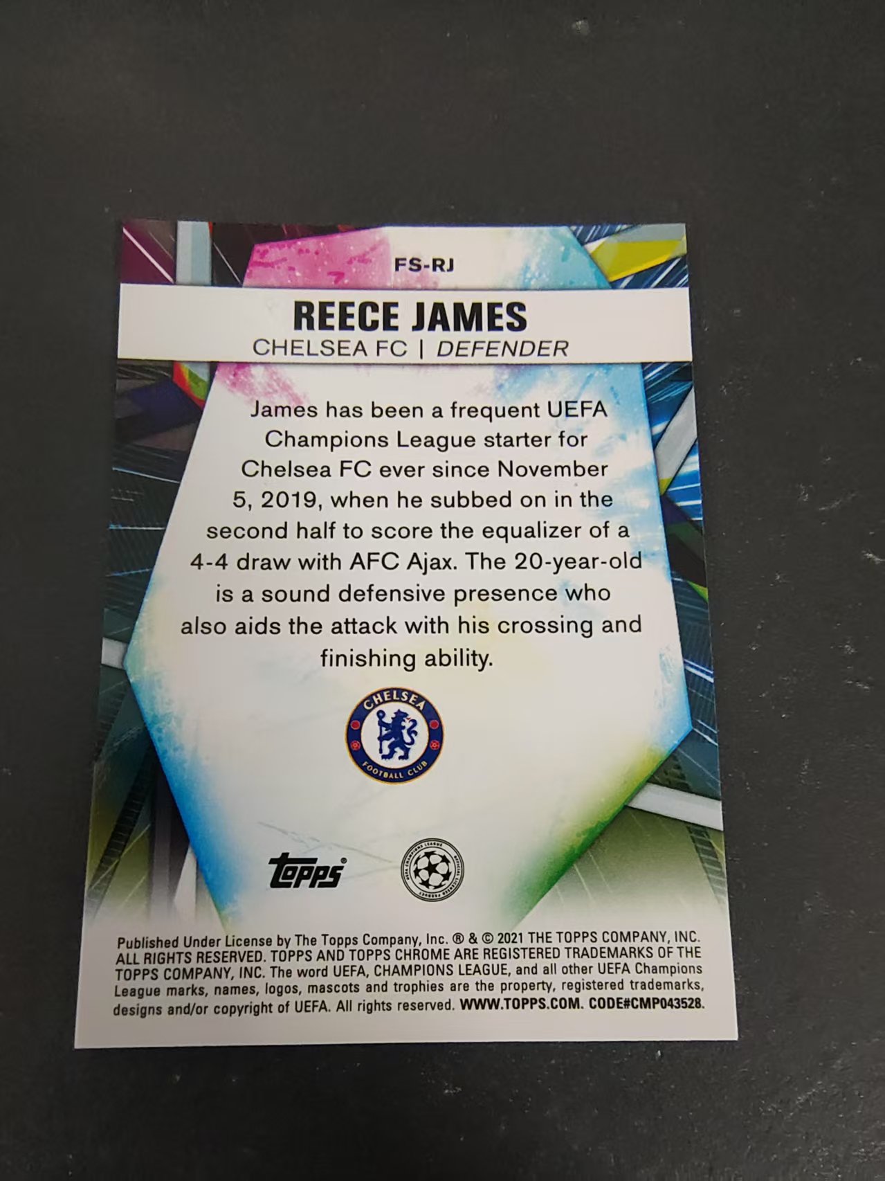 【可合并,不累计】2021 Topps Chrome Reece James 欧冠 英格兰 切尔西 后卫 里斯 詹姆斯 未来之星特卡 银折 划痕 边角瑕疵