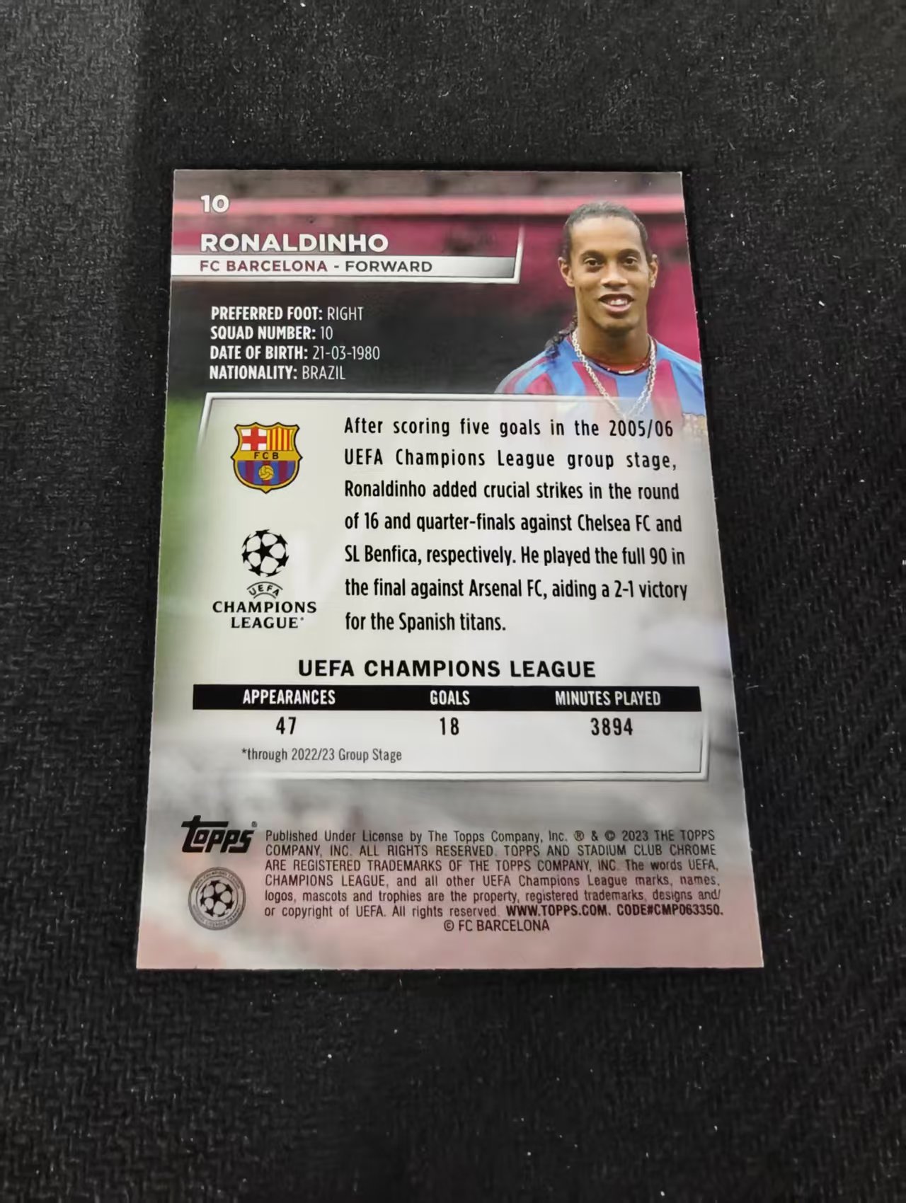 【可合并,不累计】2023 Topps Stadium Club Chrome Ronaldinho 罗纳尔迪尼奥 巴萨 欧冠 竞技场 不保卡品 介意勿拍 #10