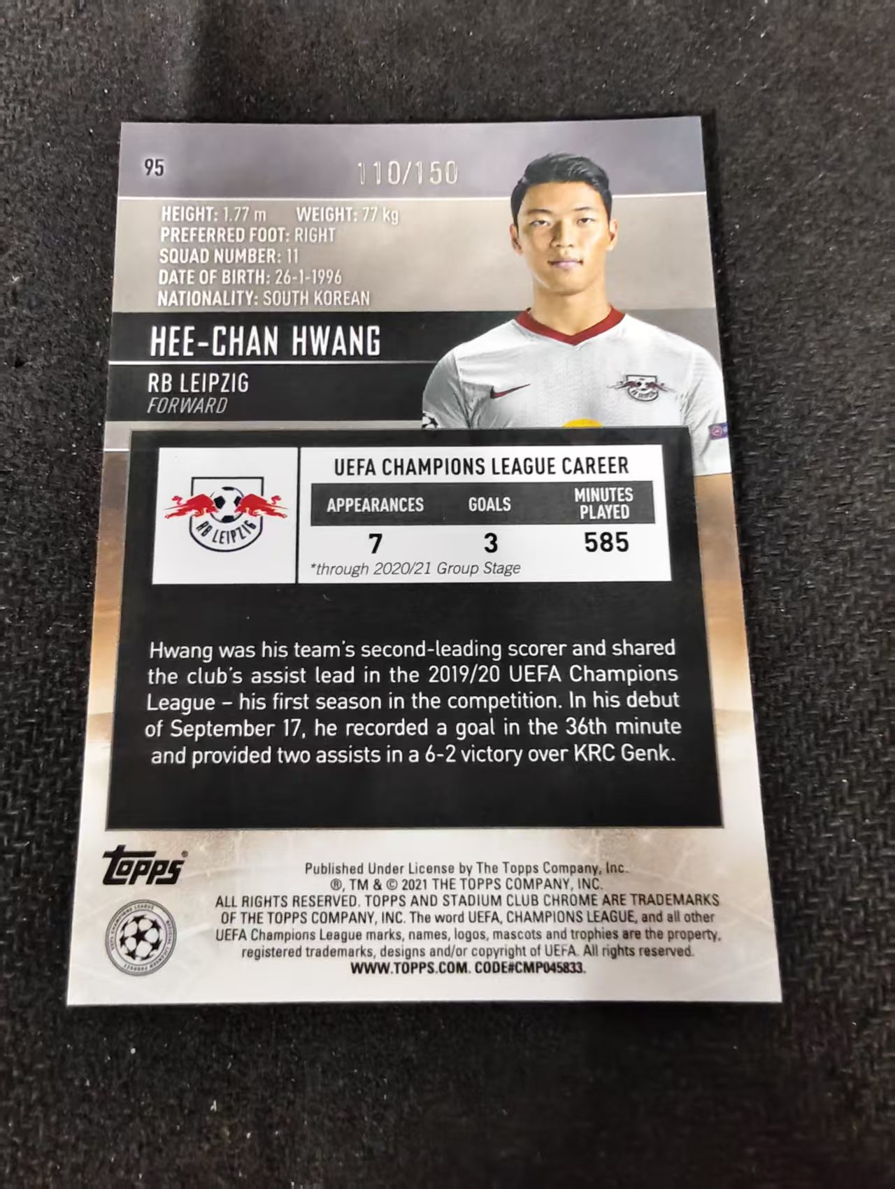2021 Topps Stadium Club Chrome Hwang Hee Chan 黄喜灿 黄熙灿 竞技场 欧冠 绿闪电折 150编 瑕疵如图