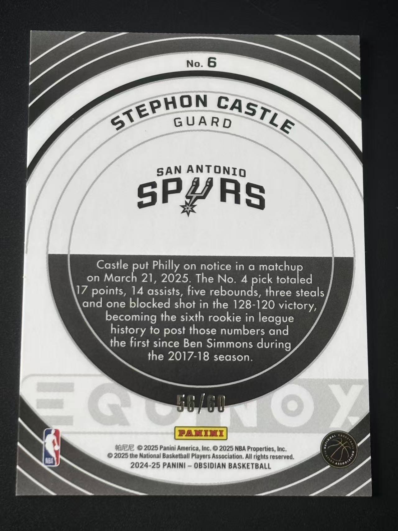 2024-25 Panini Obsidian Stephon Castle RC 黑曜石 马刺 新秀 斯蒂芬 卡斯尔 60编 EQUINOX 铜折 特卡 不累计
