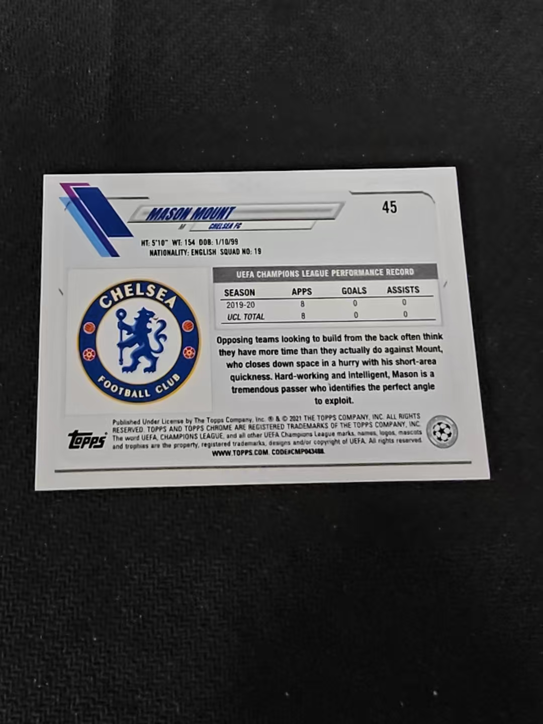 【可合并,不累计】2021 Topps Chrome Mason mount 梅森 芒特 切尔西 欧冠 紫折 划痕 边角瑕疵 #45
