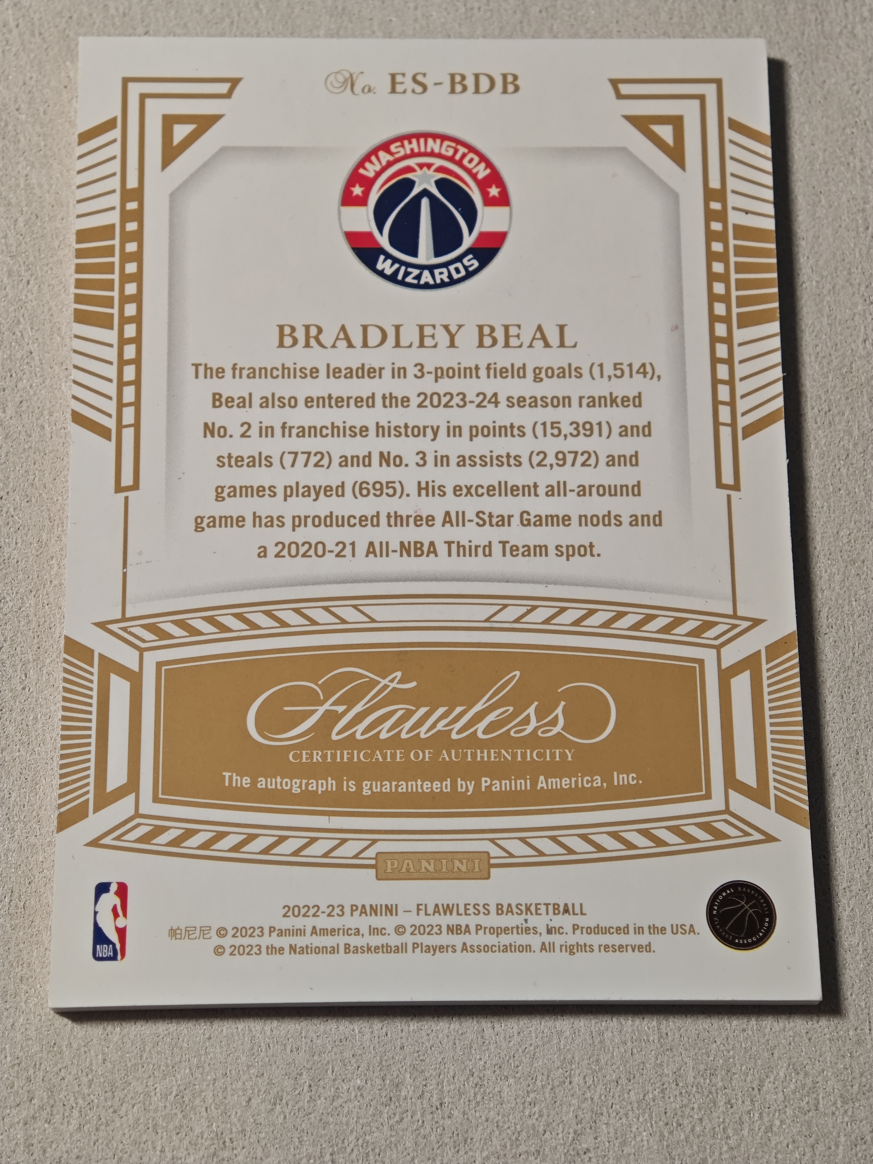 2022-23 Panini Flawless Bradley Beal 快船 布拉德利 比尔 手提 8编 低编 签字 哈登 伦纳德 队友 微瑕如图