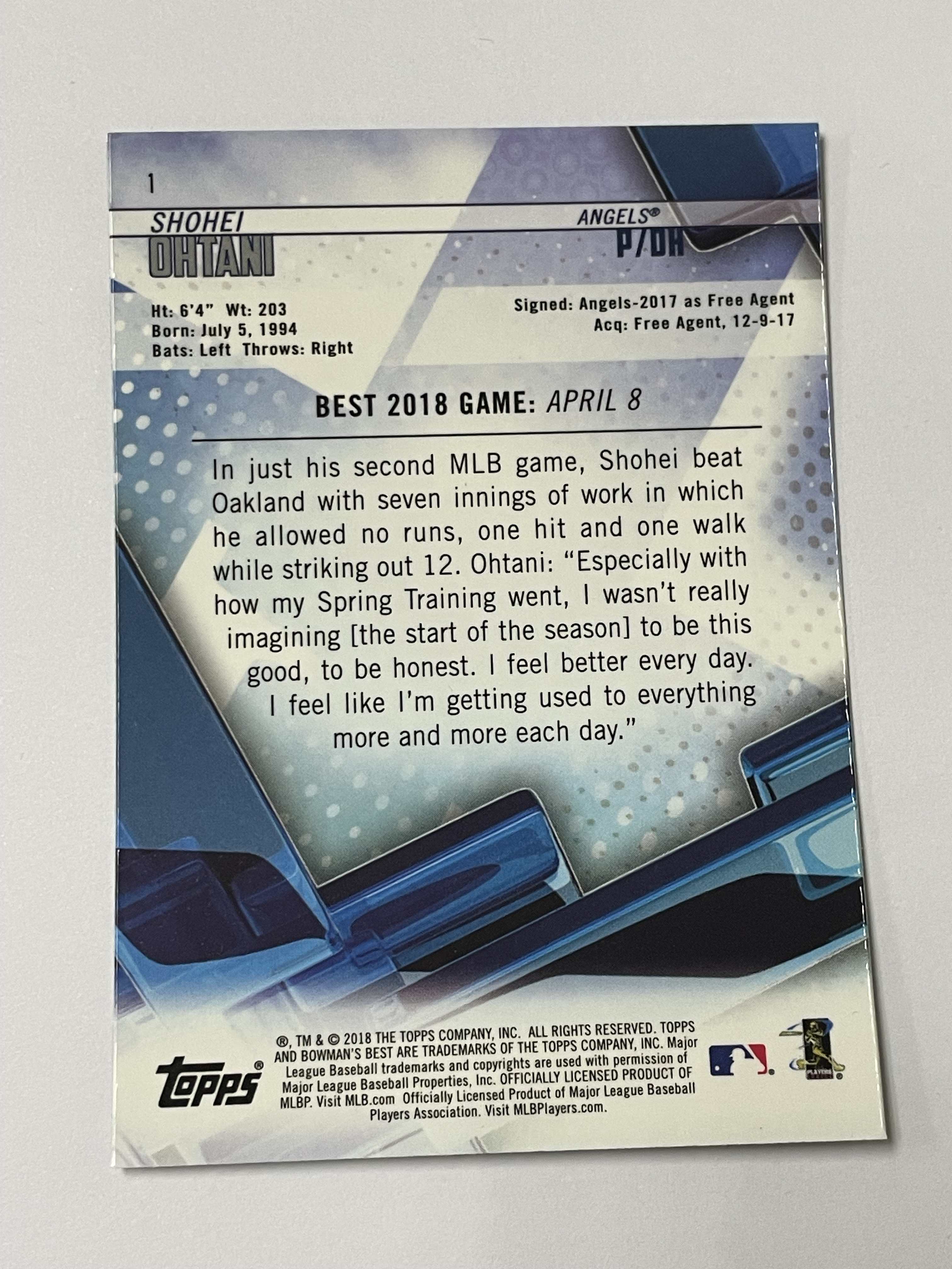 2018 Topps Bowman's Best Shohei Ohtani RC 洛杉矶天使 大谷翔平 新秀 Base 第二张 瑕疵如图