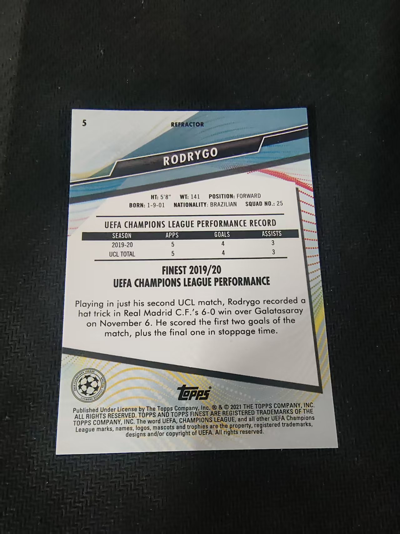 【可合并,不累计】2021 Topps Finest Rodrygo 欧冠 皇马 罗德里戈 银折 #5