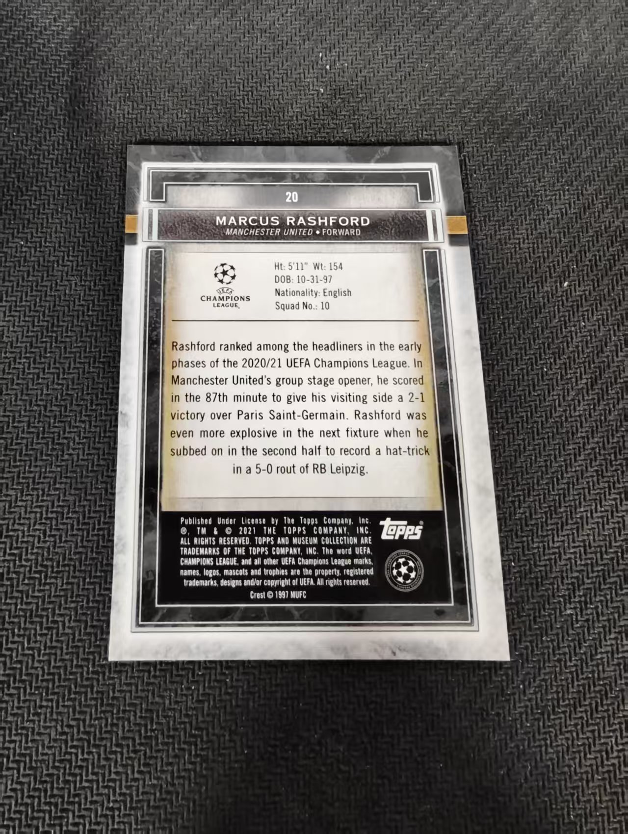 【可合并,不累计】2021 Topps Museum Marcus Rashford 欧冠 博物馆 曼联 拉什福德 折射 边角瑕疵