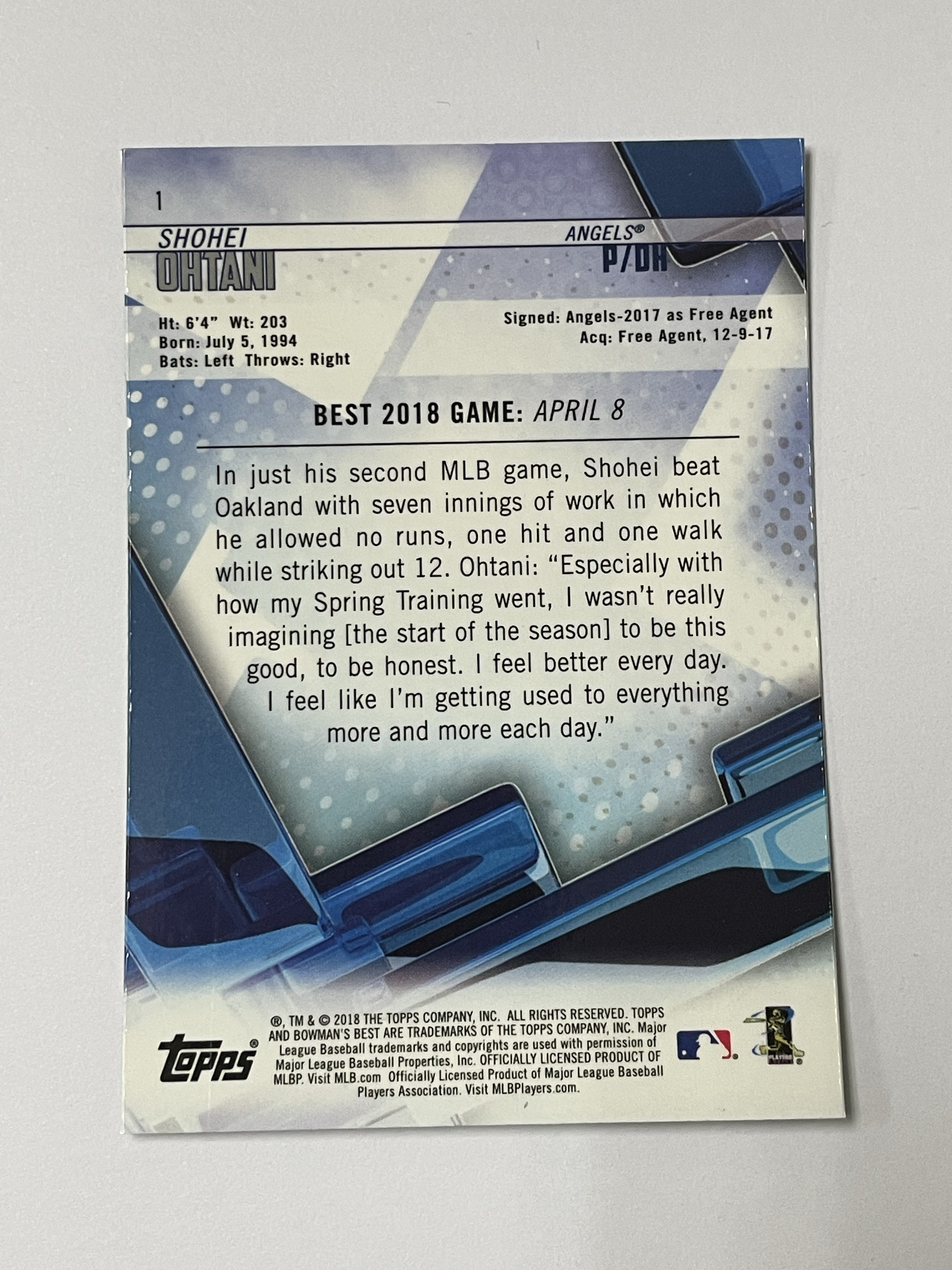 2018 Topps Bowman's Best Shohei Ohtani RC 洛杉矶天使 大谷翔平 新秀 Base 第三张 瑕疵如图