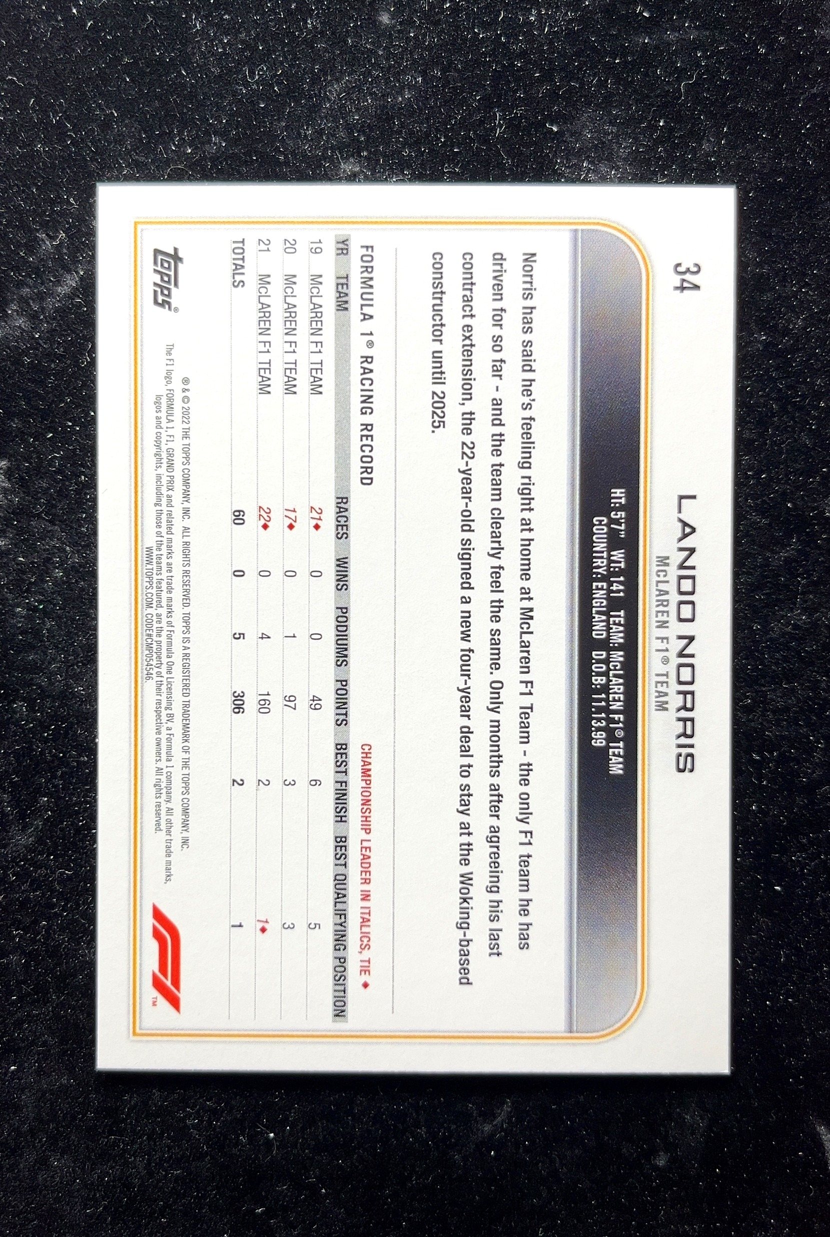 【小白1%代卖】2022 Topps Lando Norris 兰多·诺里斯 卡品如图 高价值 #34 McLaren F1® Team 迈凯伦 车队 0629