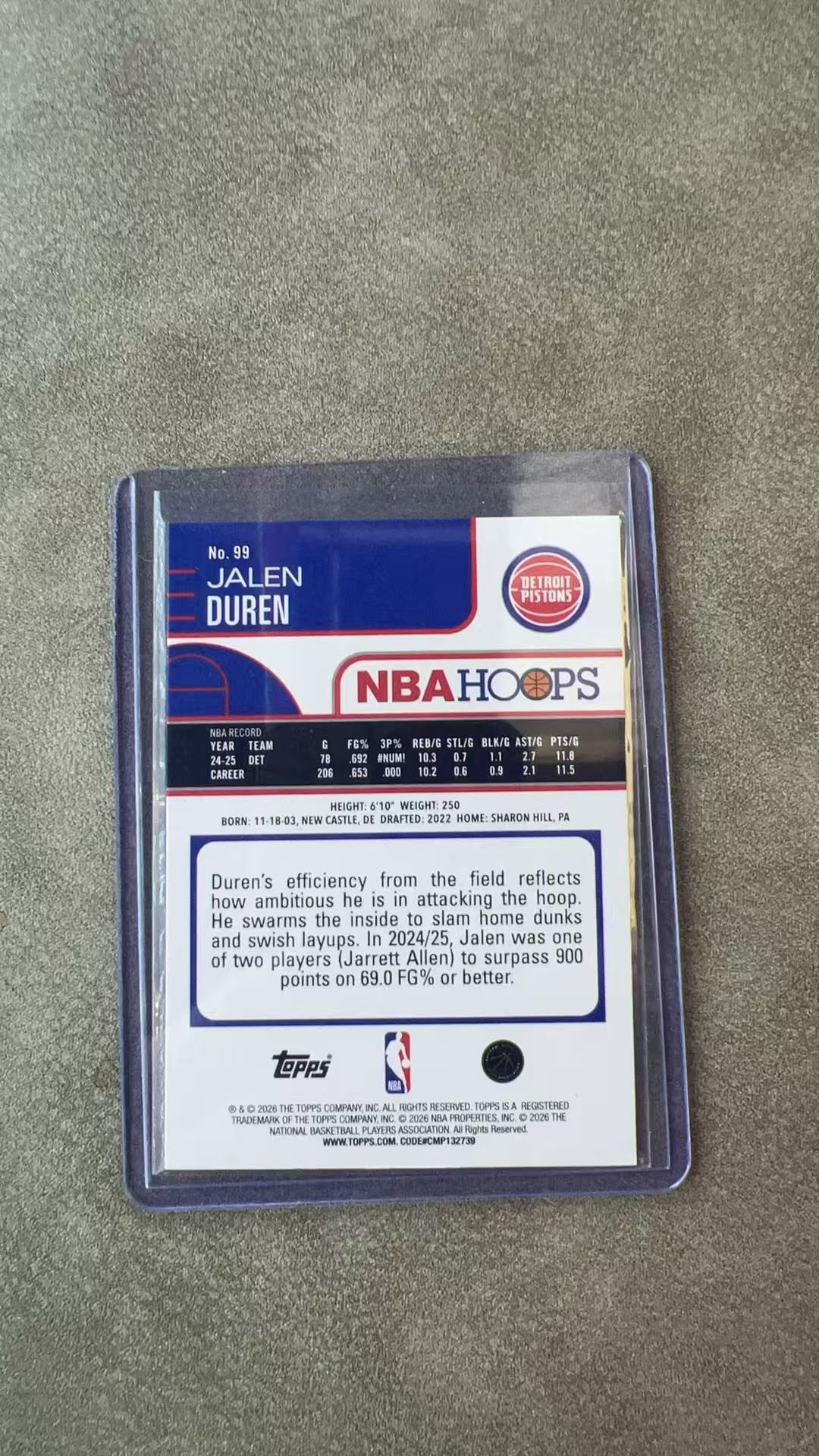 4933【330球星卡实体店代卖】2025-26 Topps Hoops 杰伦杜伦(Jalen Duren)228/249编 仅顺丰寄付(机长)