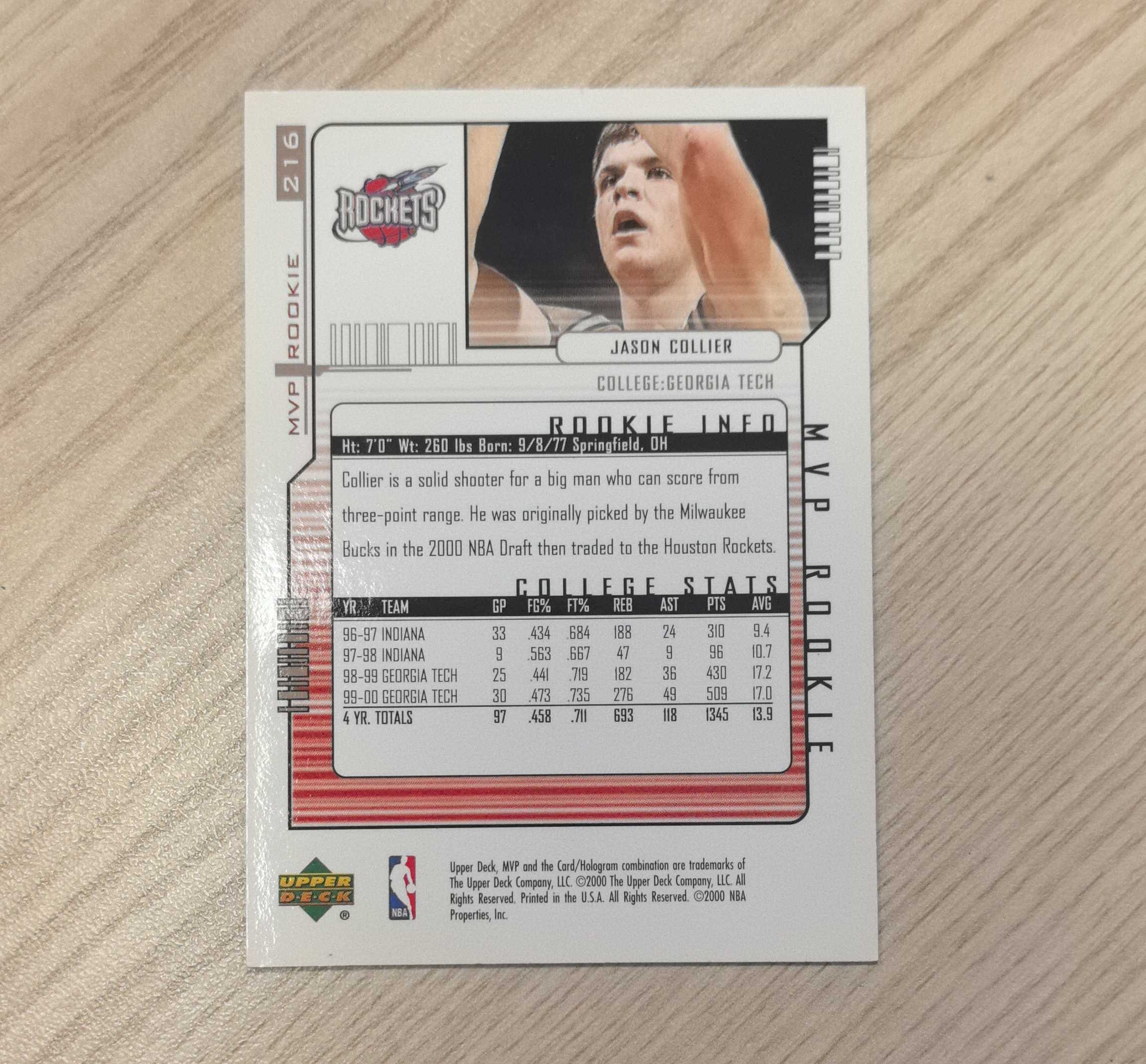 2000-01 Upper Deck MVP Jason Collier RC 贾森·科利尔 新秀卡 40号球衣被老鹰队退役 意外去世 先后效力于火箭和老鹰
