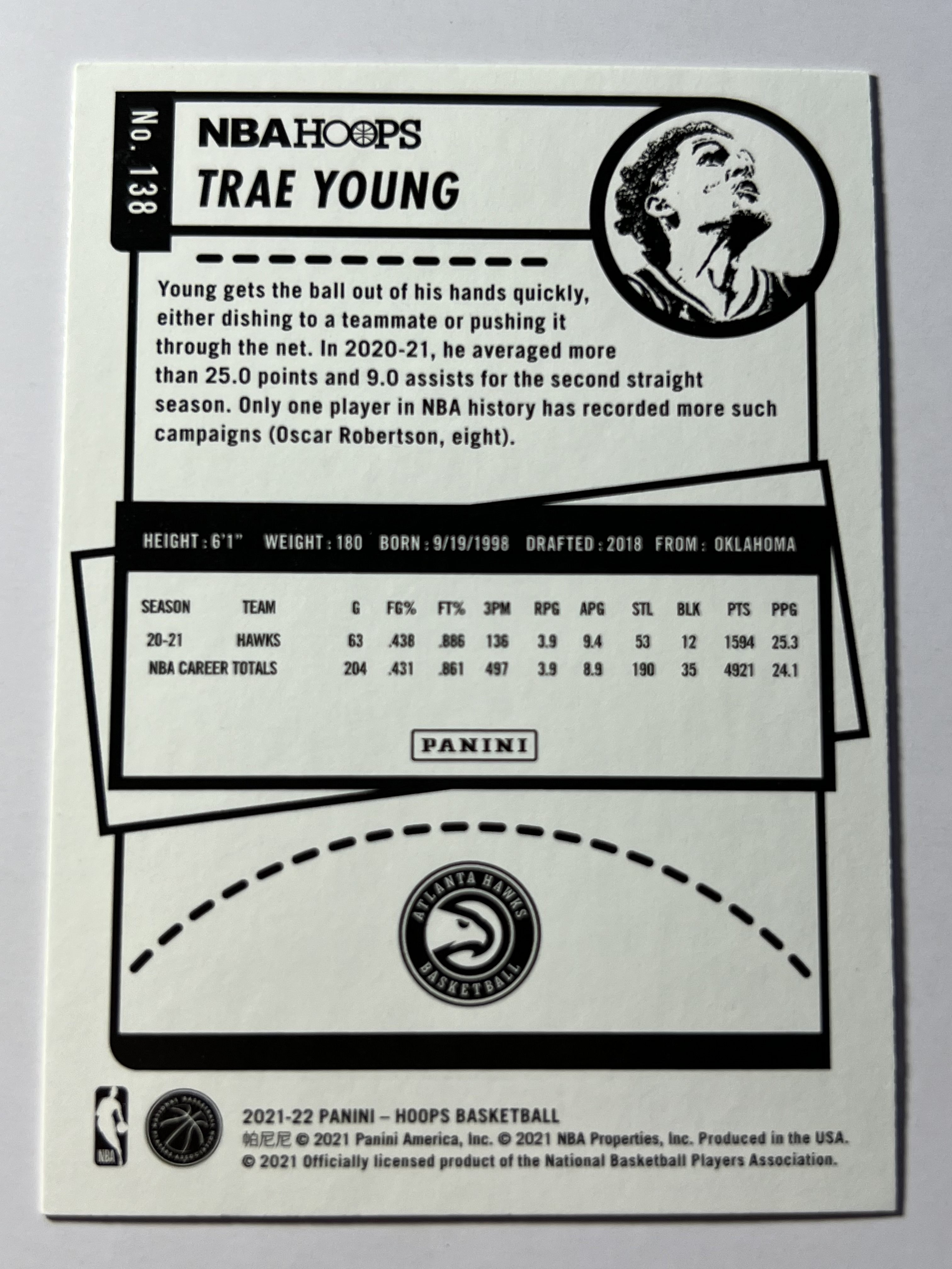 2021-22 Panini Hoops Trae Young 特雷杨 吹杨 老鹰队 《 热门球星 收藏必备 》 凑套必备 可合并 #138