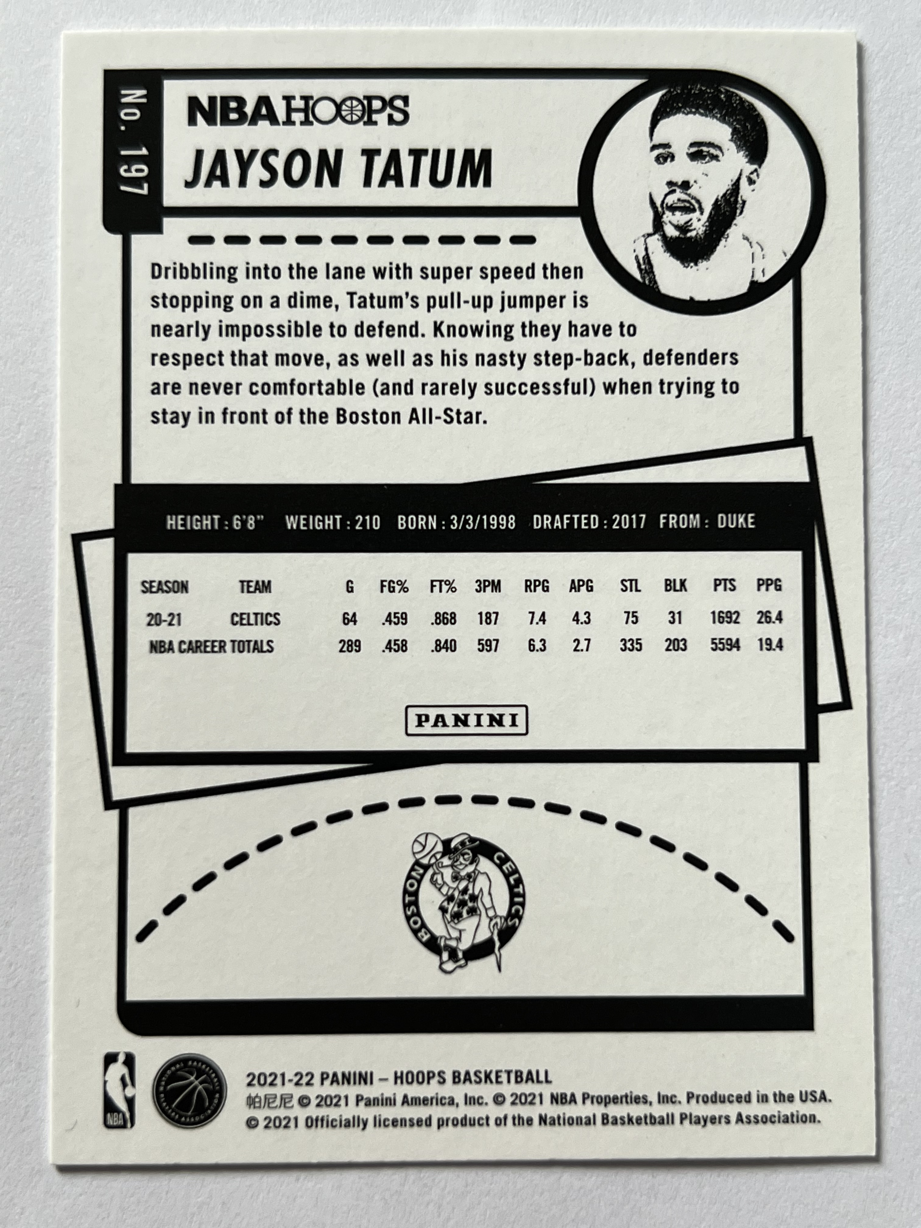 2021-22 Panini Hoops Jayson Tatum 杰森 塔图姆 獭兔 凯尔特人队 《 热门球星 收藏必备 》 凑套必备 实卡精美 #197