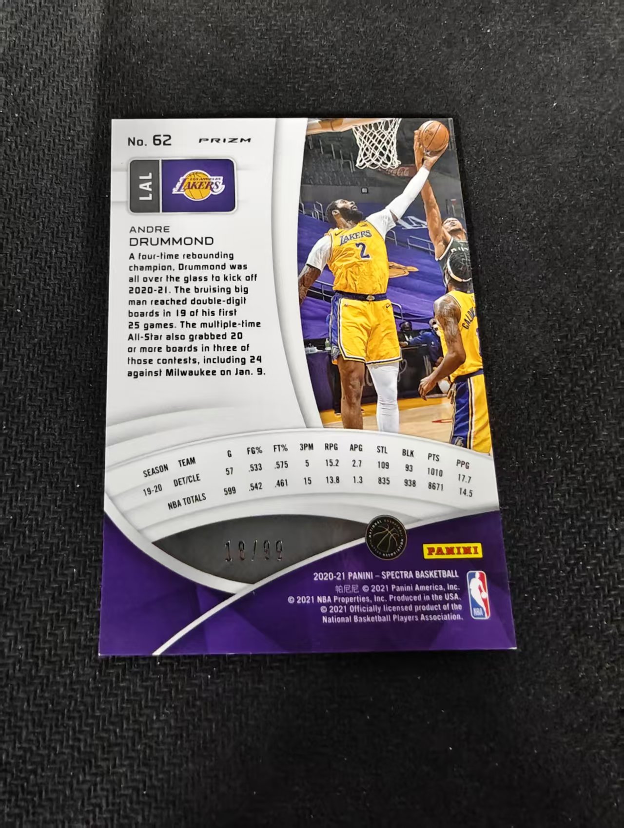 2020-21 Panini Spectra Andre Drummond 光谱 德拉蒙德 湖人 脉冲折 99编 瑕疵如图