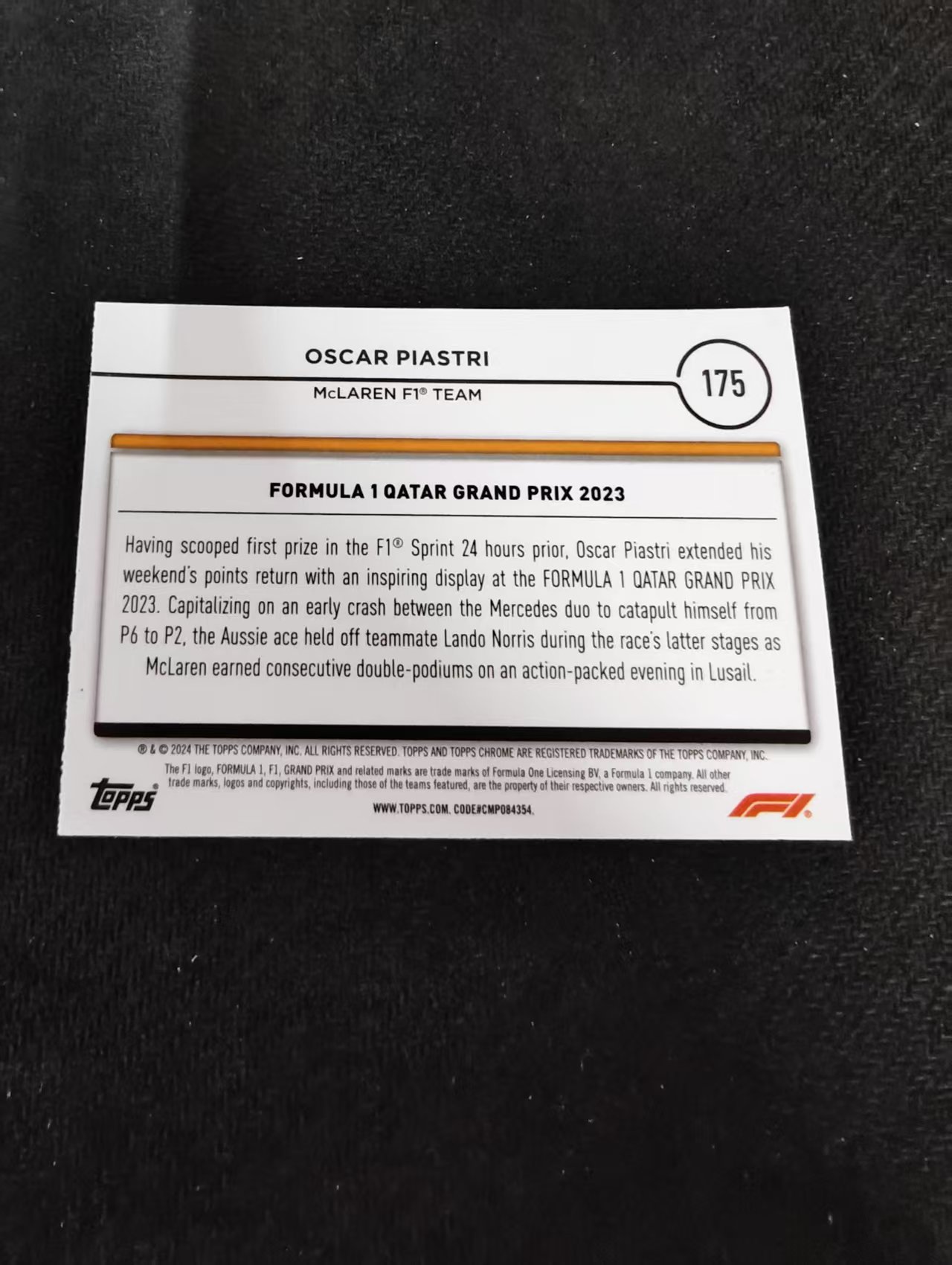 2024 Topps Chrome F1 Oscar Piastri 方程式赛车 奥斯卡 皮亚斯特里 迈凯伦车队 划痕 边角瑕疵 #175