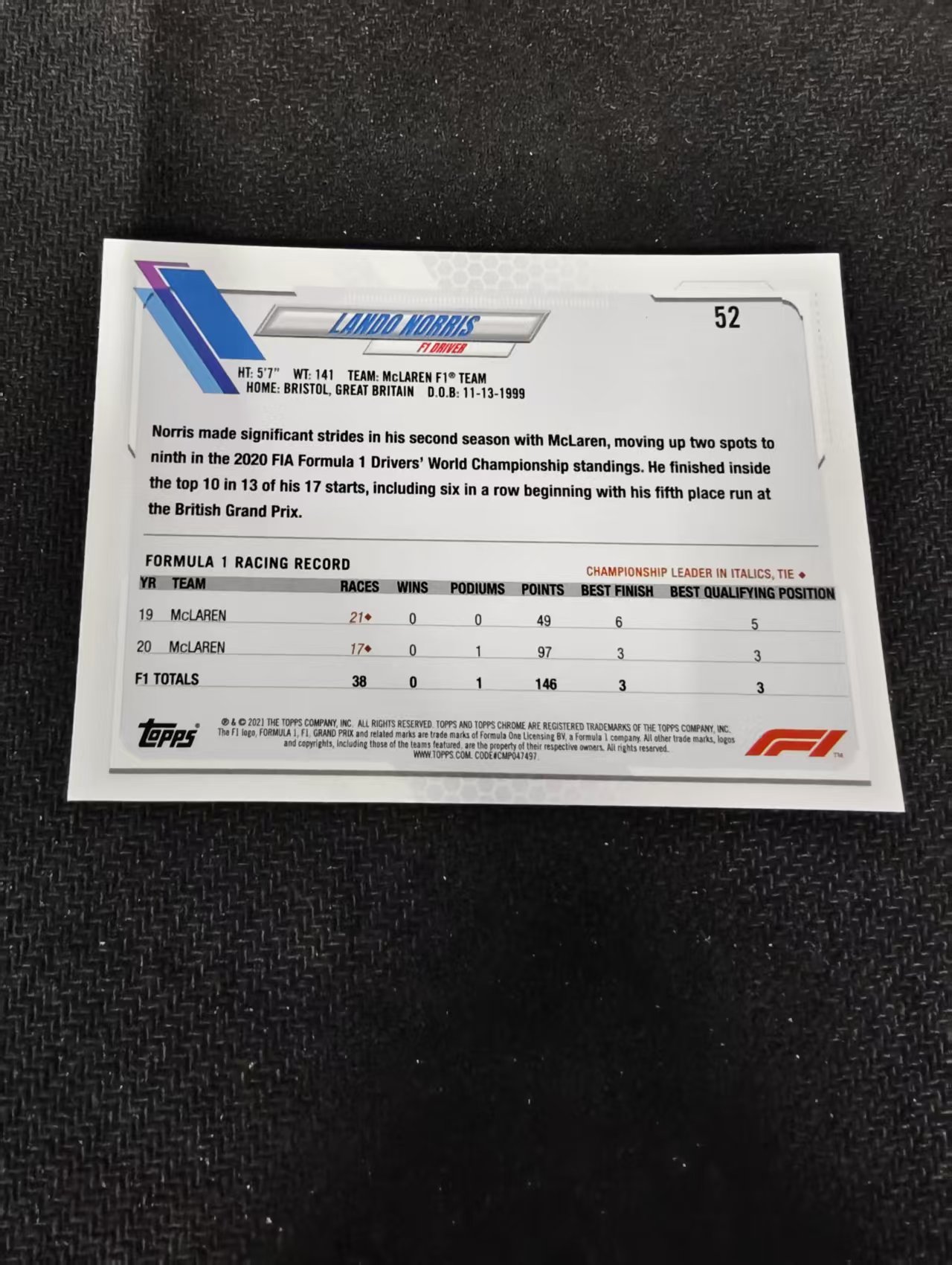 2021 TOPPS CHROME LANDO NORRIS F1 赛车 迈凯伦车队 兰多诺里斯 划痕 边角瑕疵 #52